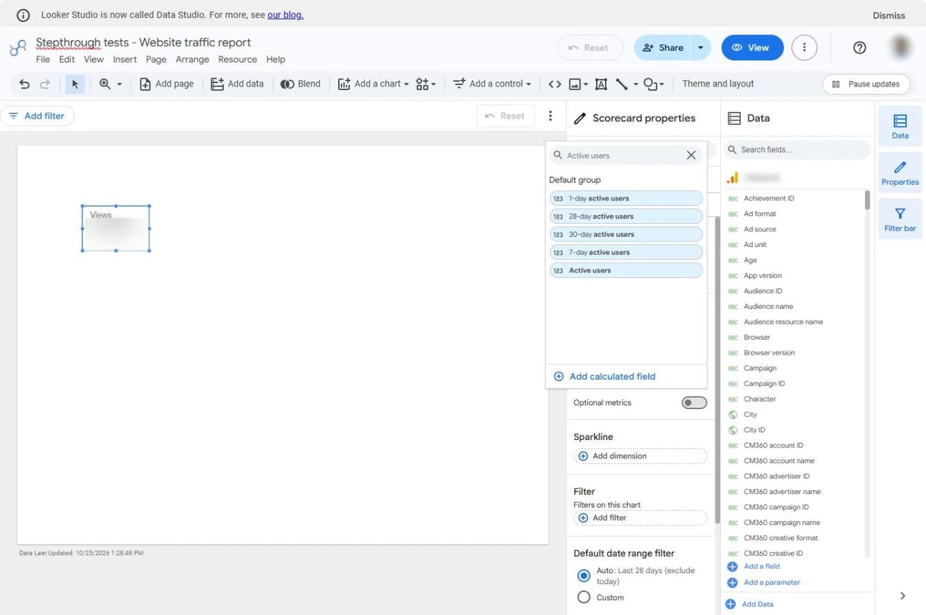 Data Studio metric search for Active users with 1-day, 7-day, 28-day and Active users options