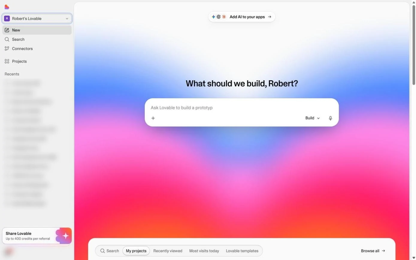 Lovable home screen with the What should we build prompt box