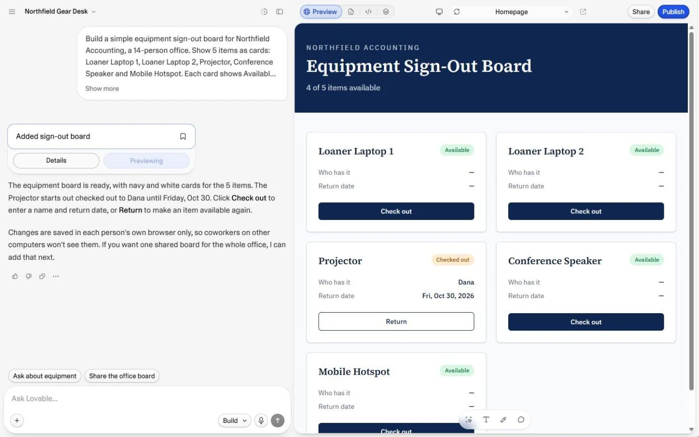 Lovable preview of the Northfield Accounting equipment sign-out board with five cards