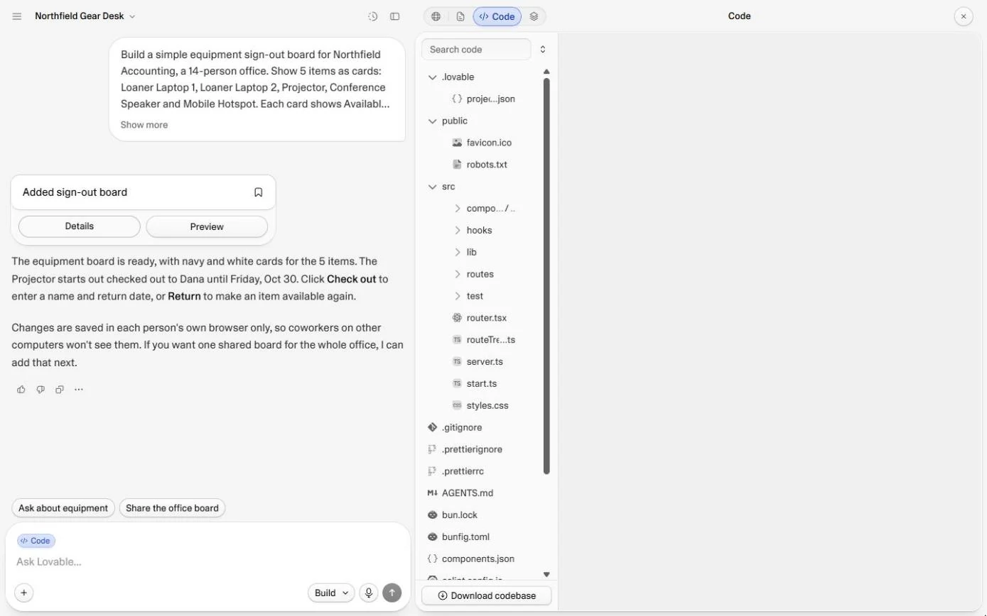 Lovable Code view showing the project files