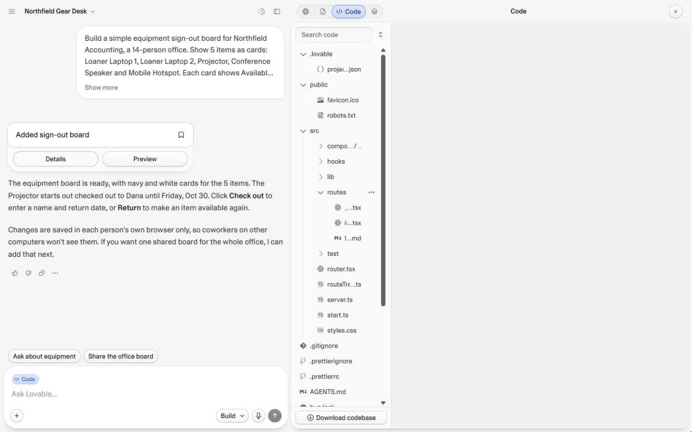Lovable Code view with the routes folder open