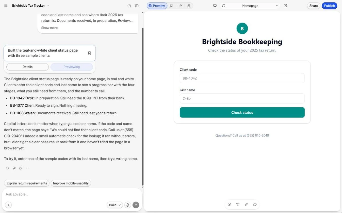 Lovable preview of the Brightside Bookkeeping client status page