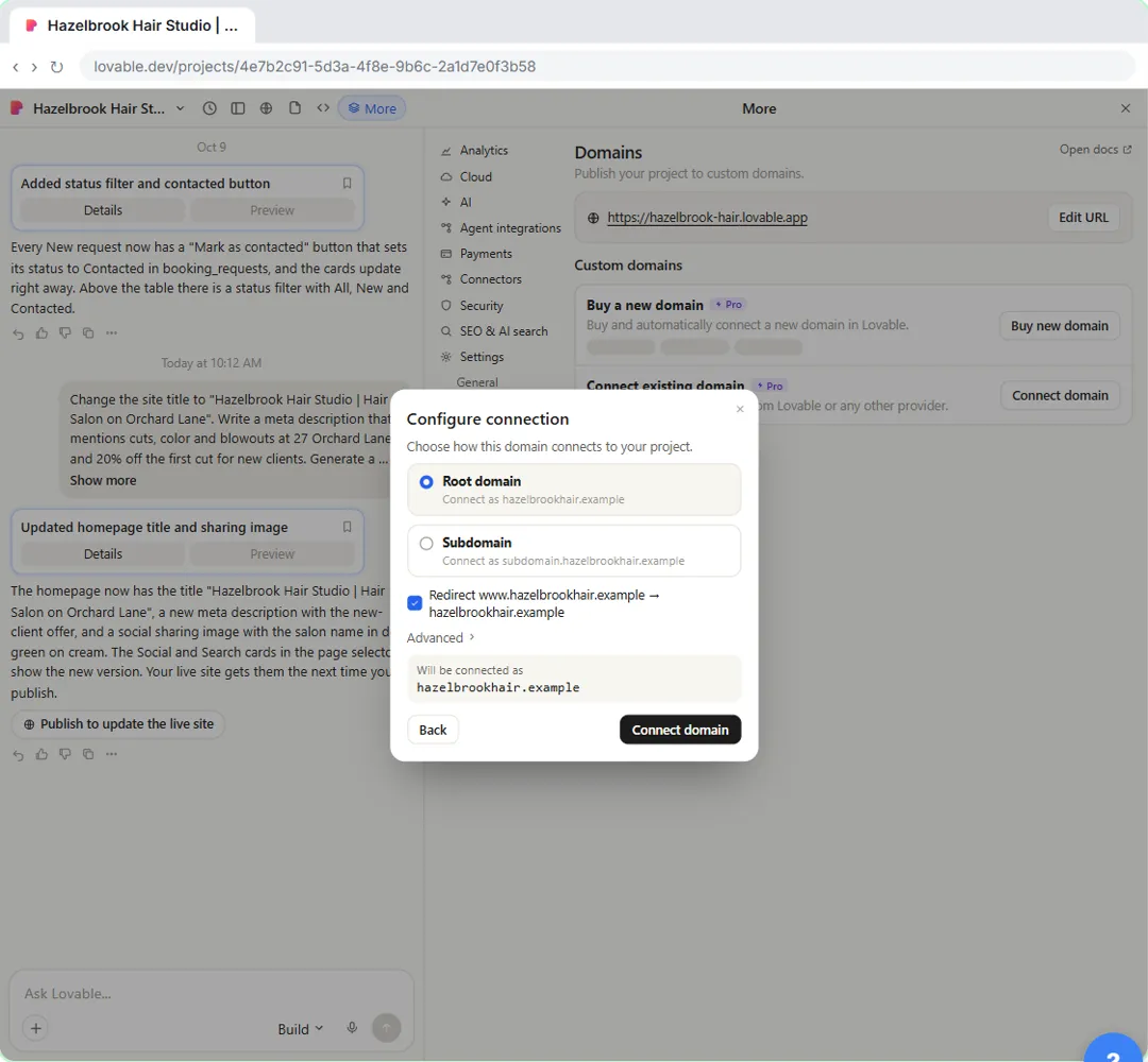 Lovable Configure connection dialog for a custom domain, choosing root domain and redirecting www