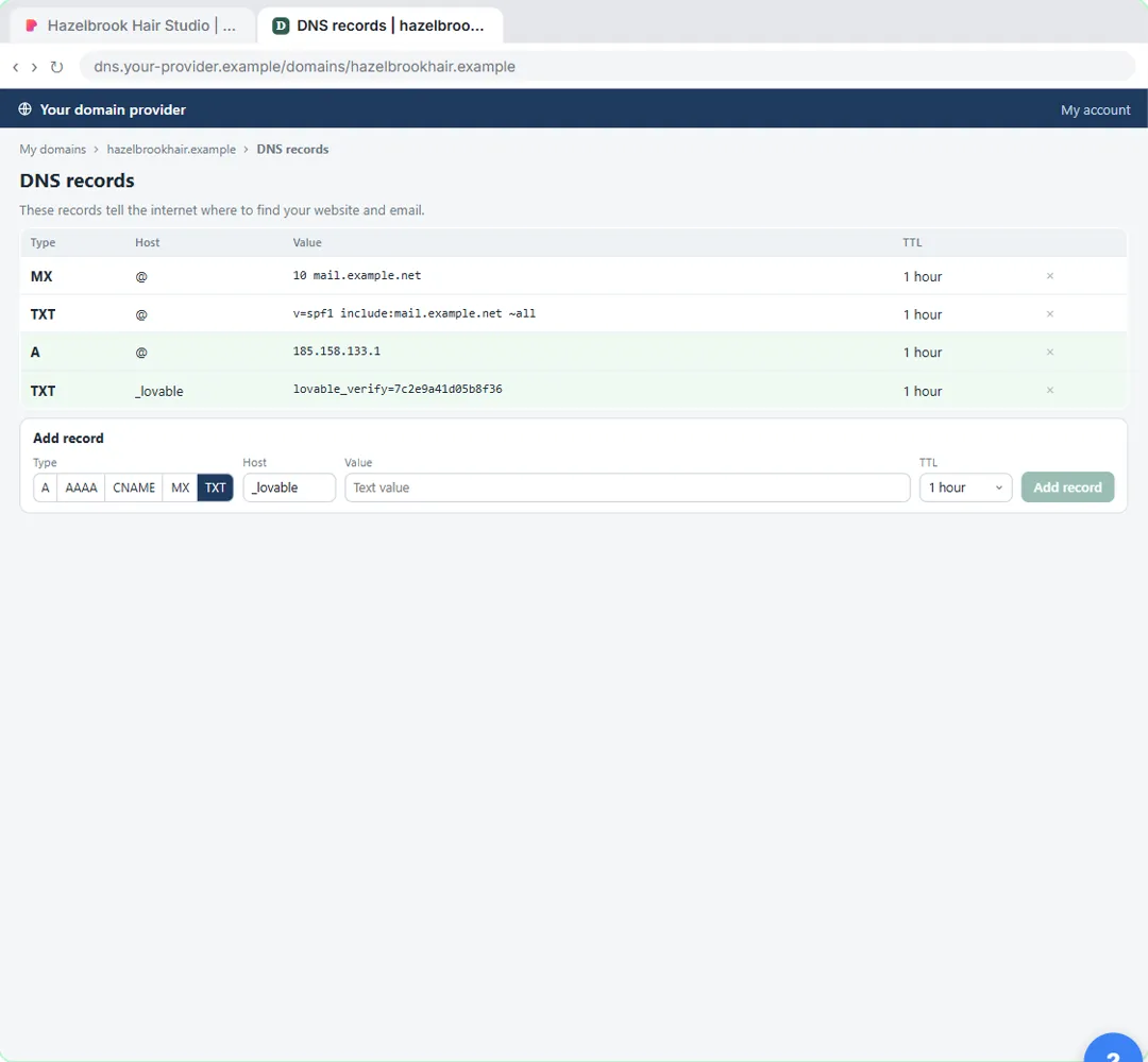 Domain provider DNS records page with the new A record and _lovable TXT record added