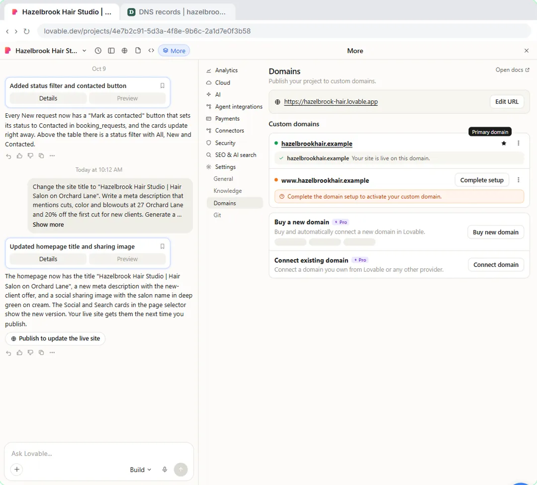 Lovable Domains settings showing the custom domain connected as the primary domain and the site live on it