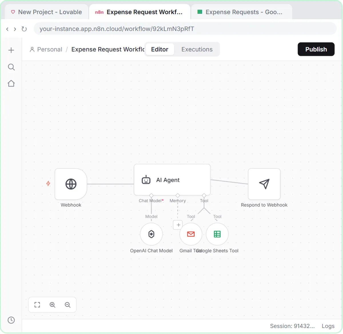 n8n workflow for Maple Street Bookkeeping: webhook, AI Agent, OpenAI model, Gmail and Sheets tools, webhook response