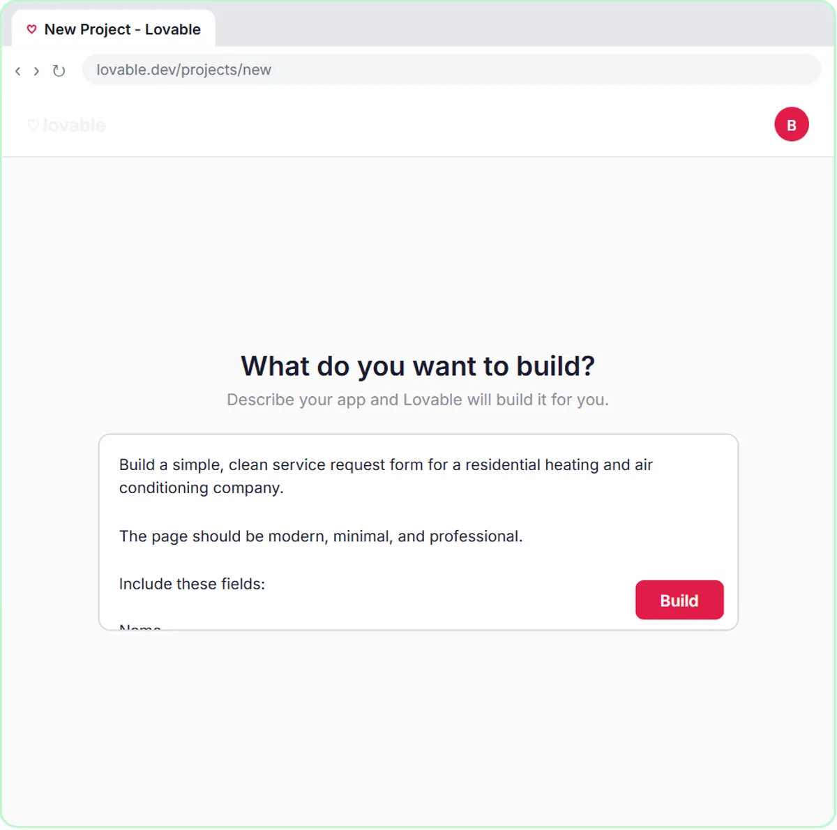 Lovable prompt asking for a service request form for a residential heating and air company, ready to build