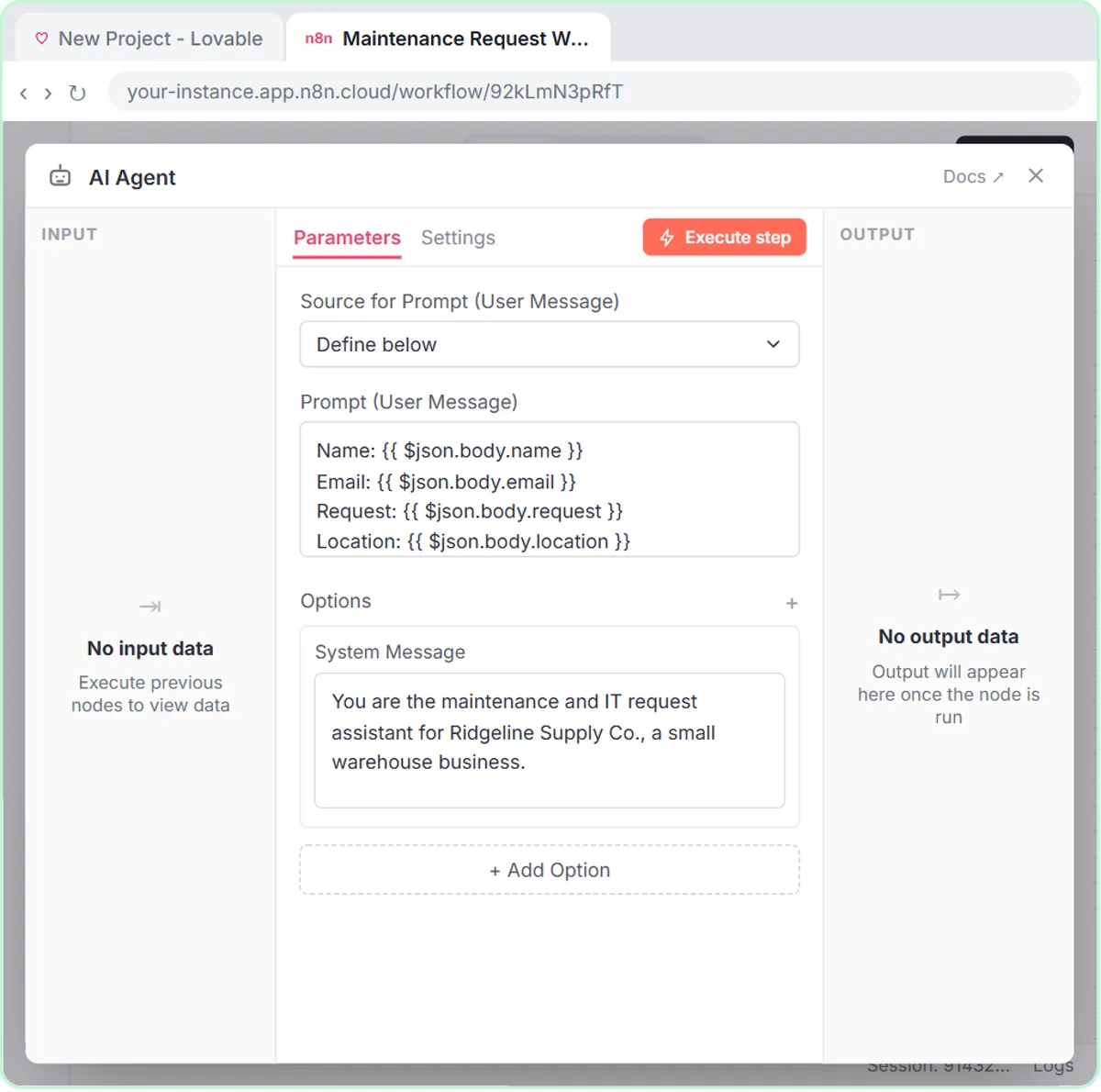 n8n AI Agent turning form fields into a prompt, with a Ridgeline Supply Co. system message