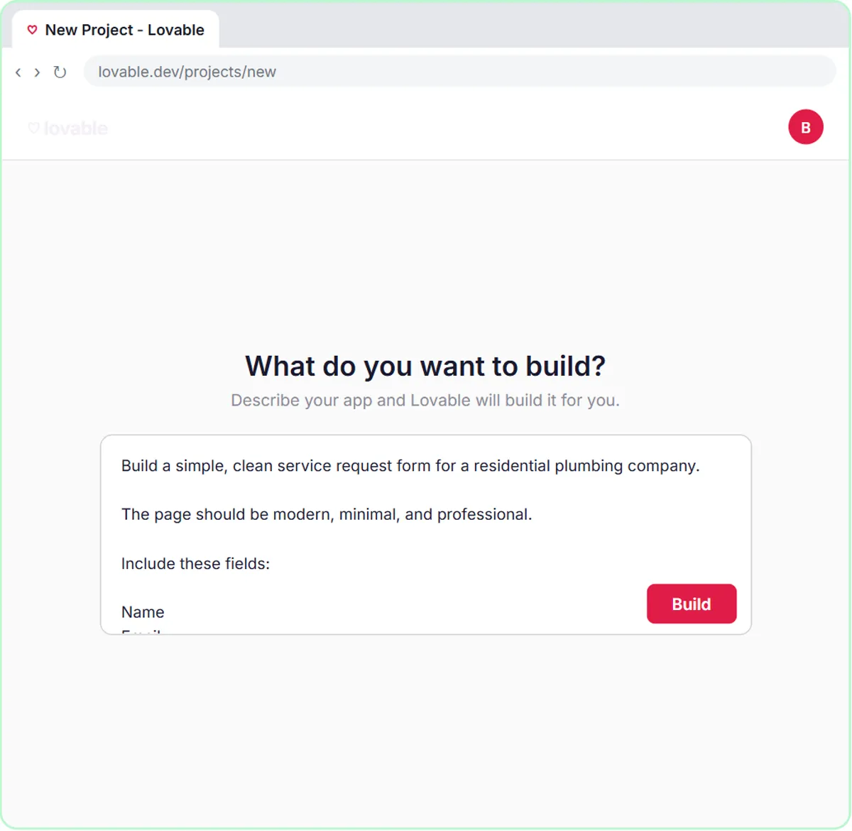 Lovable prompt asking for a service request form for a residential plumbing company, ready to build