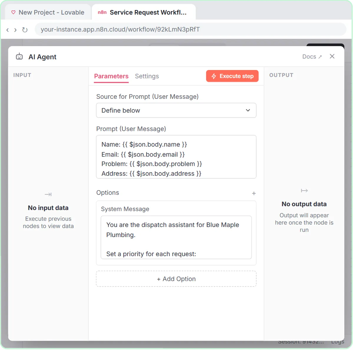 n8n AI Agent turning form fields into a prompt, with a Blue Maple Plumbing system message