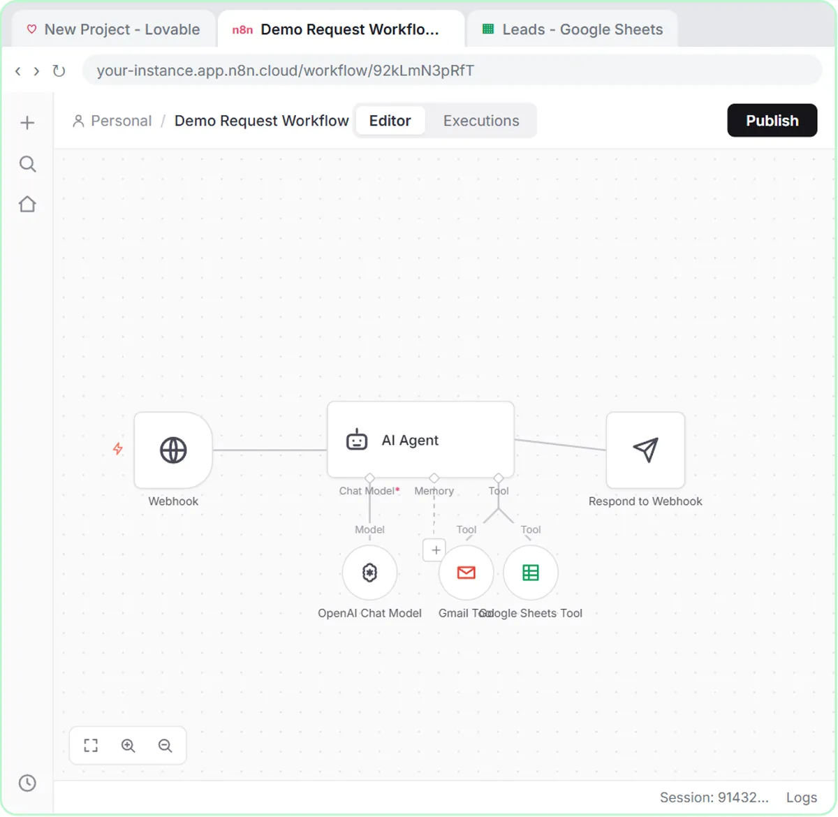 n8n workflow for Northwind Scheduling Software: webhook, AI Agent, OpenAI model, Gmail and Sheets tools, webhook response