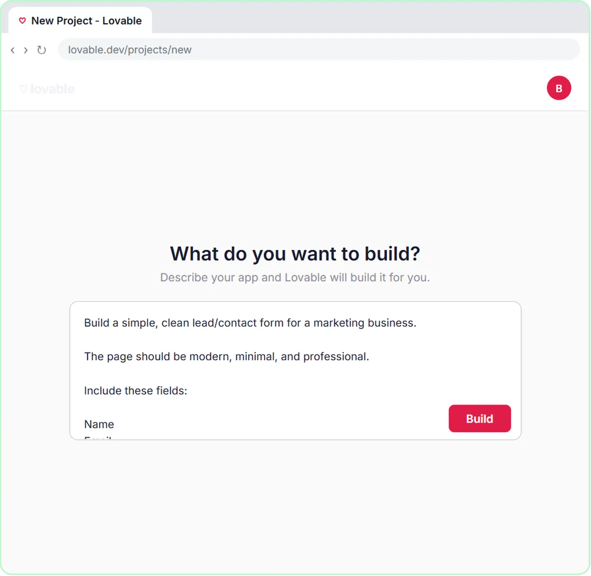 Lovable prompt asking for a clean lead and contact form for a marketing business, ready to build