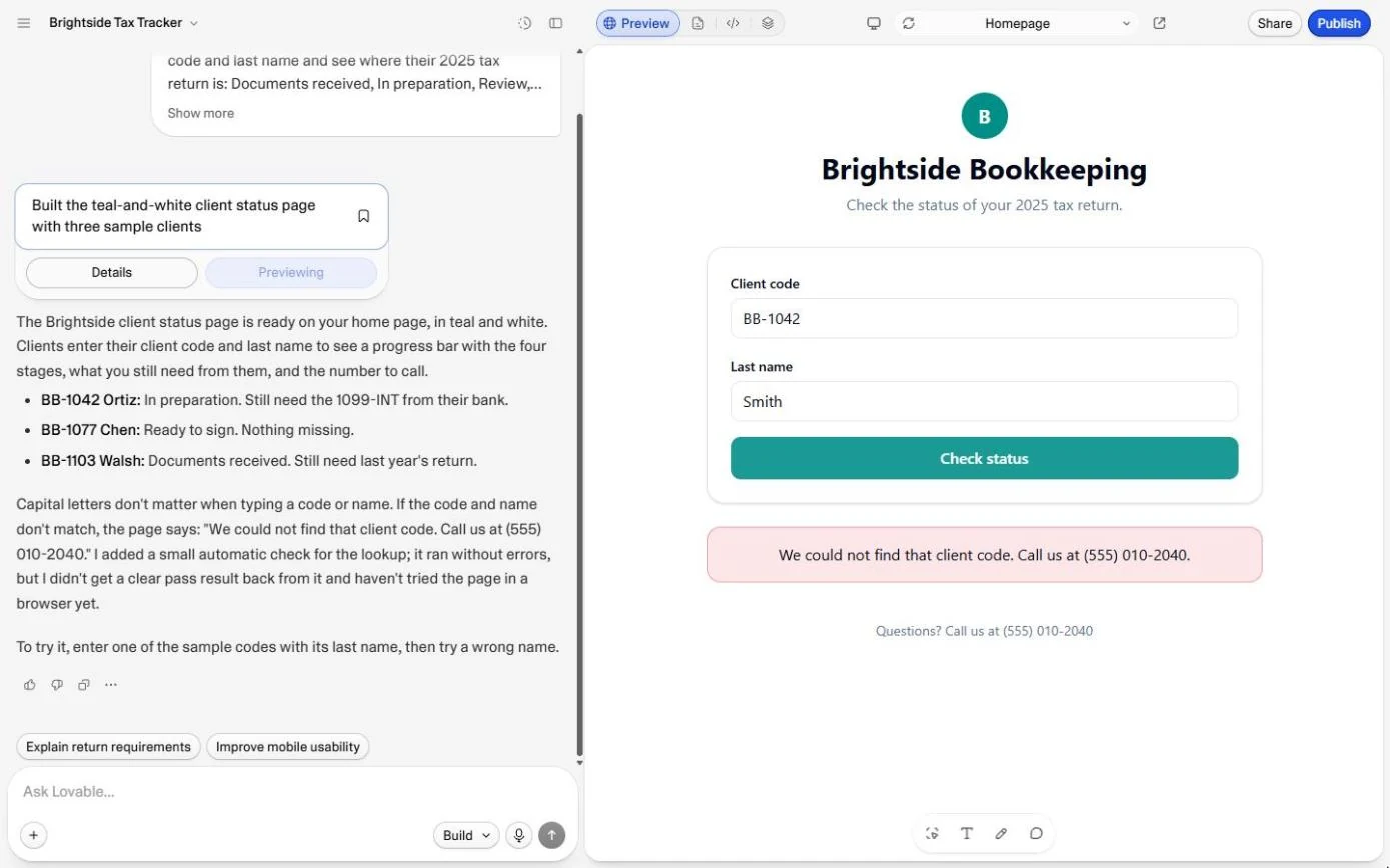 Brightside client status page project in Lovable before publishing