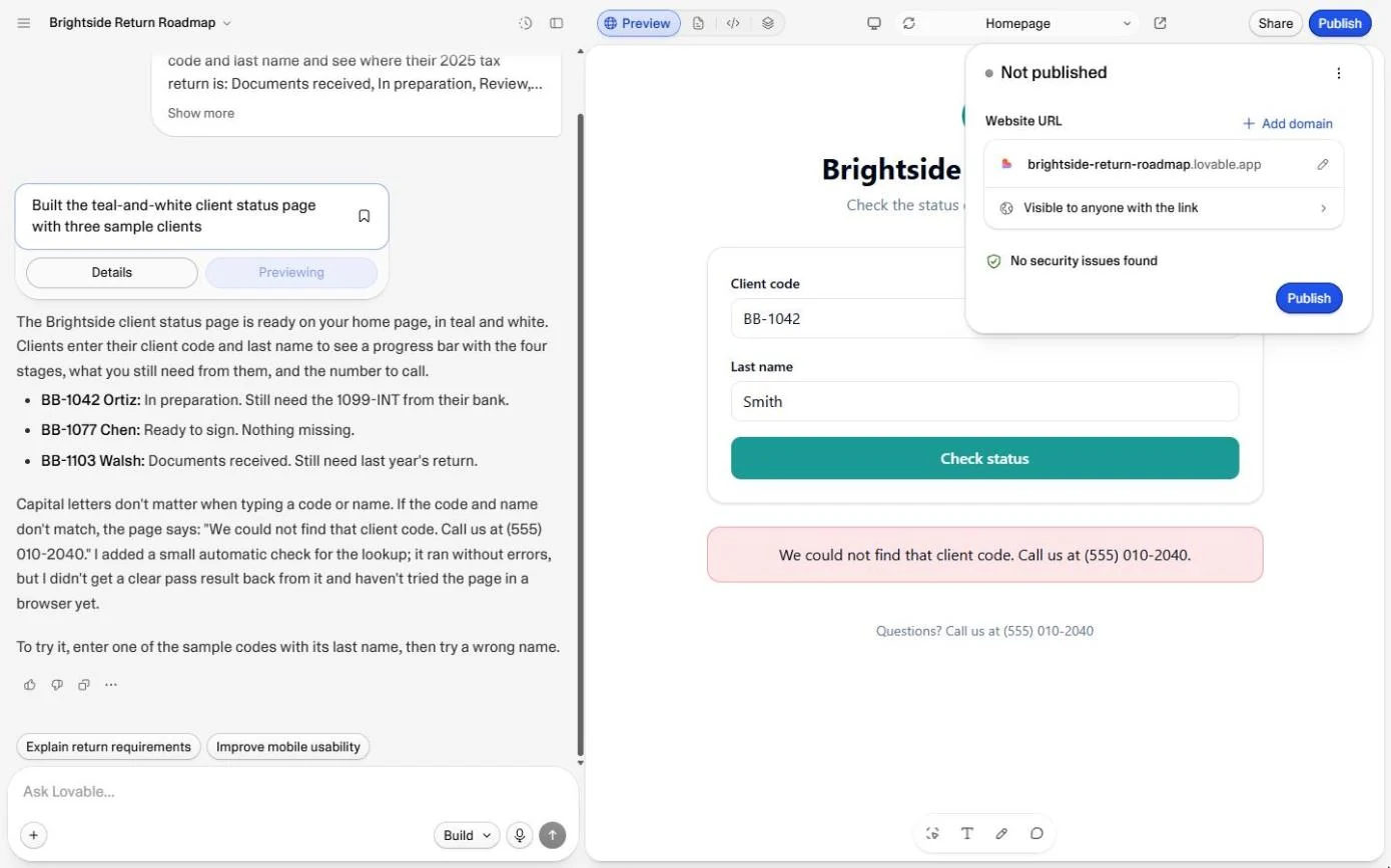 Lovable Publish panel: Not published, visible to anyone with the link, no security issues found