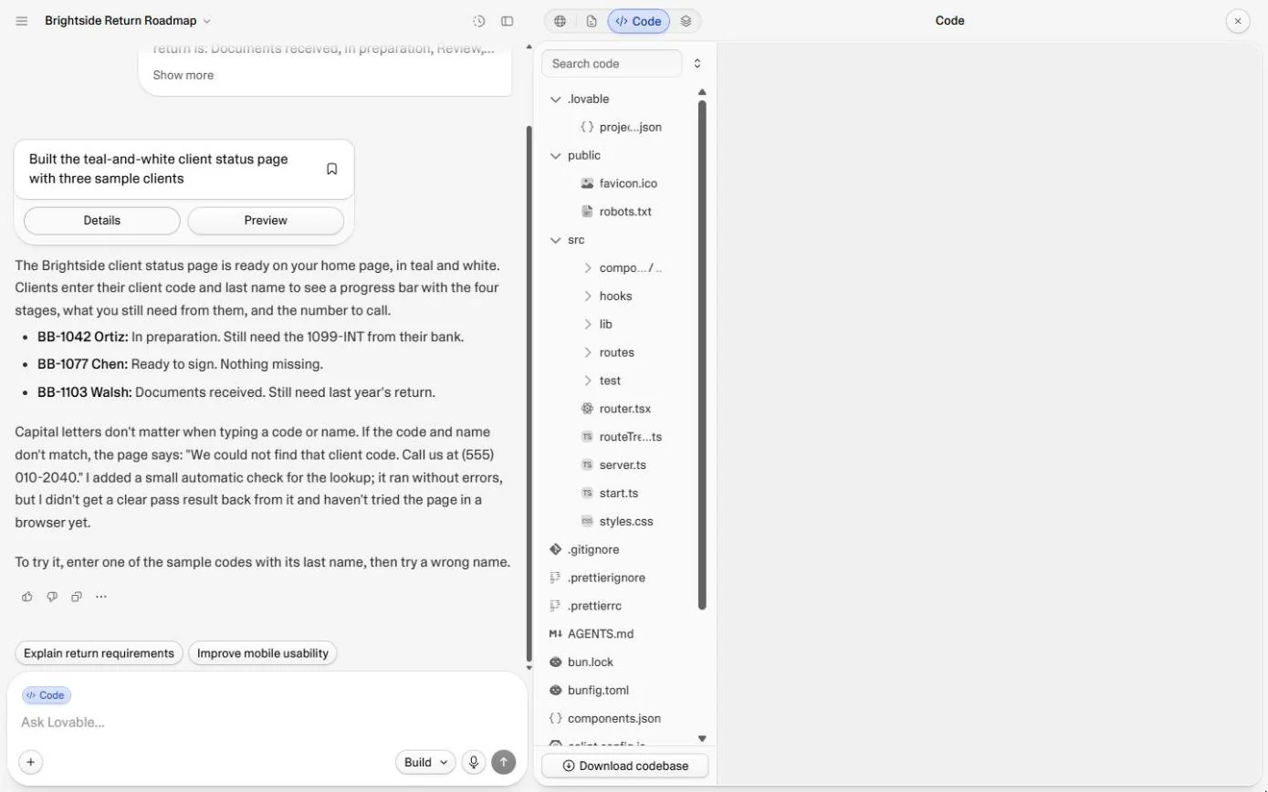 Lovable Code view of the status page project