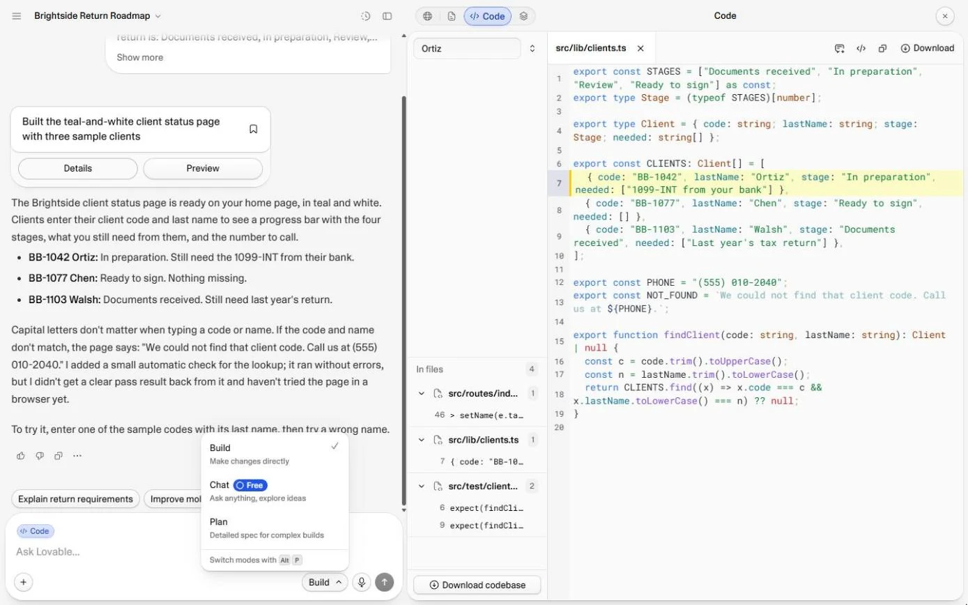 Lovable mode menu: Build, Chat (Free) and Plan