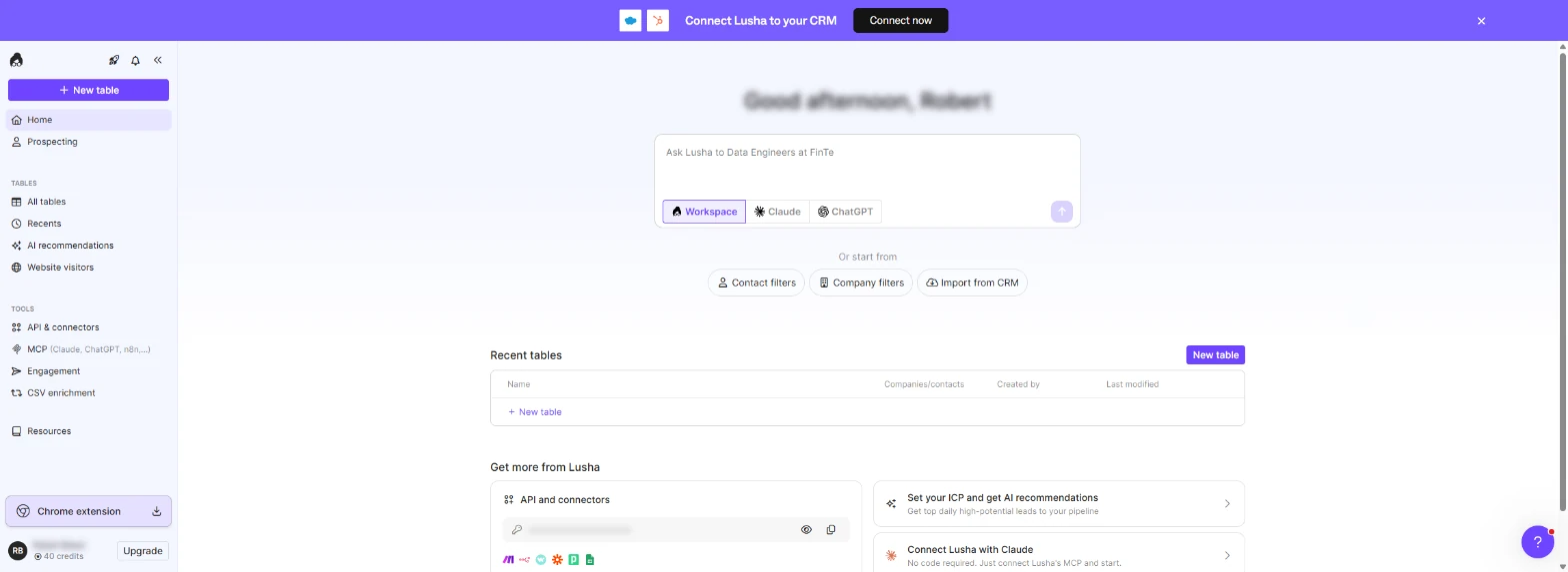Lusha dashboard home with Contact filters, Company filters and Import from CRM; the account name and API key are blurred