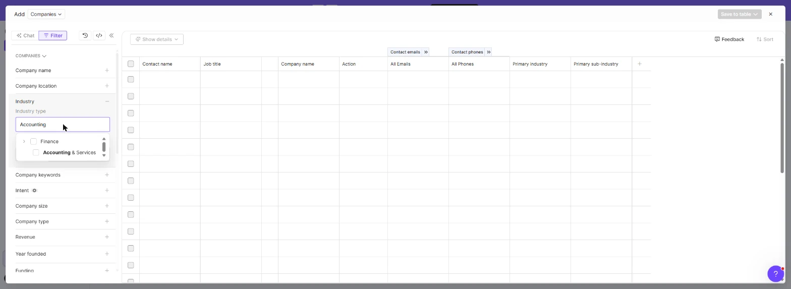 Lusha Industry filter with Accounting typed and the Accounting & Services option