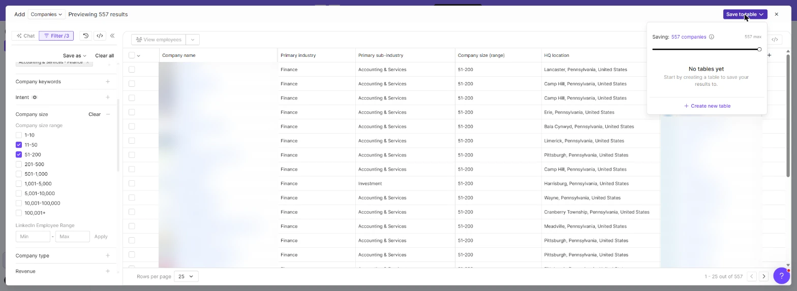 Save to table menu with the number of companies to save and Create new table