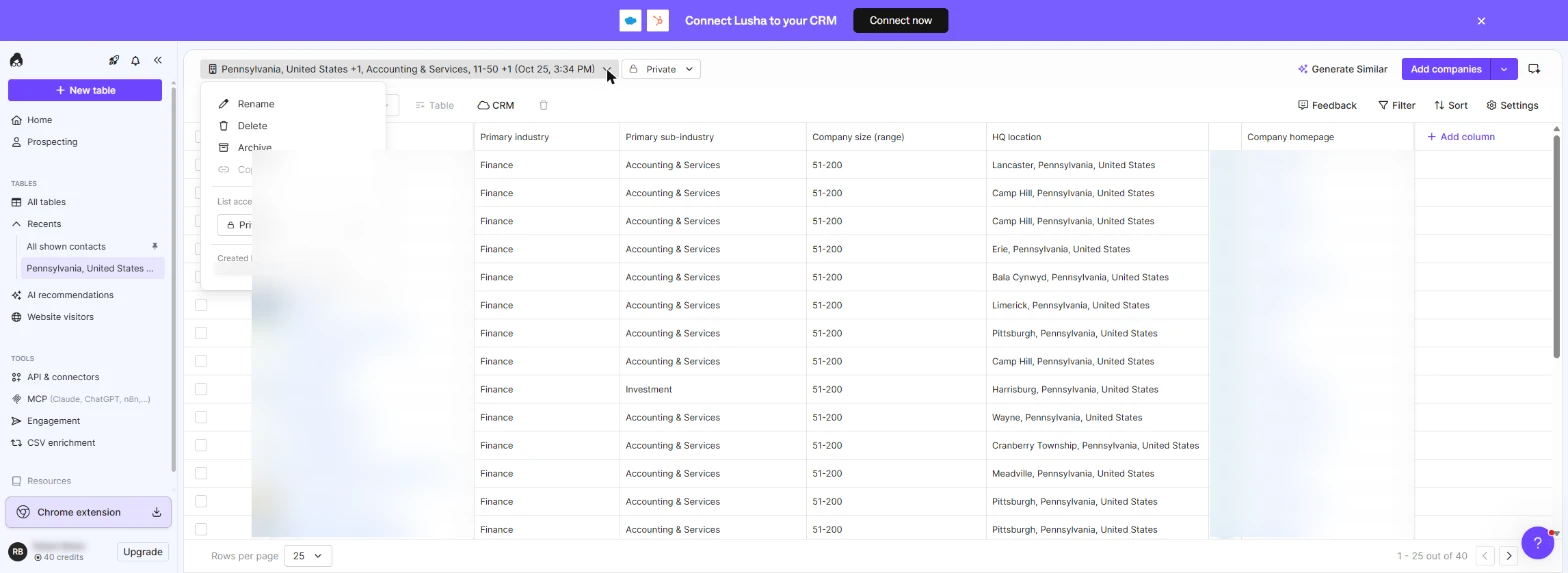 New private Lusha table with its menu: Rename, Delete, Archive, List access Private