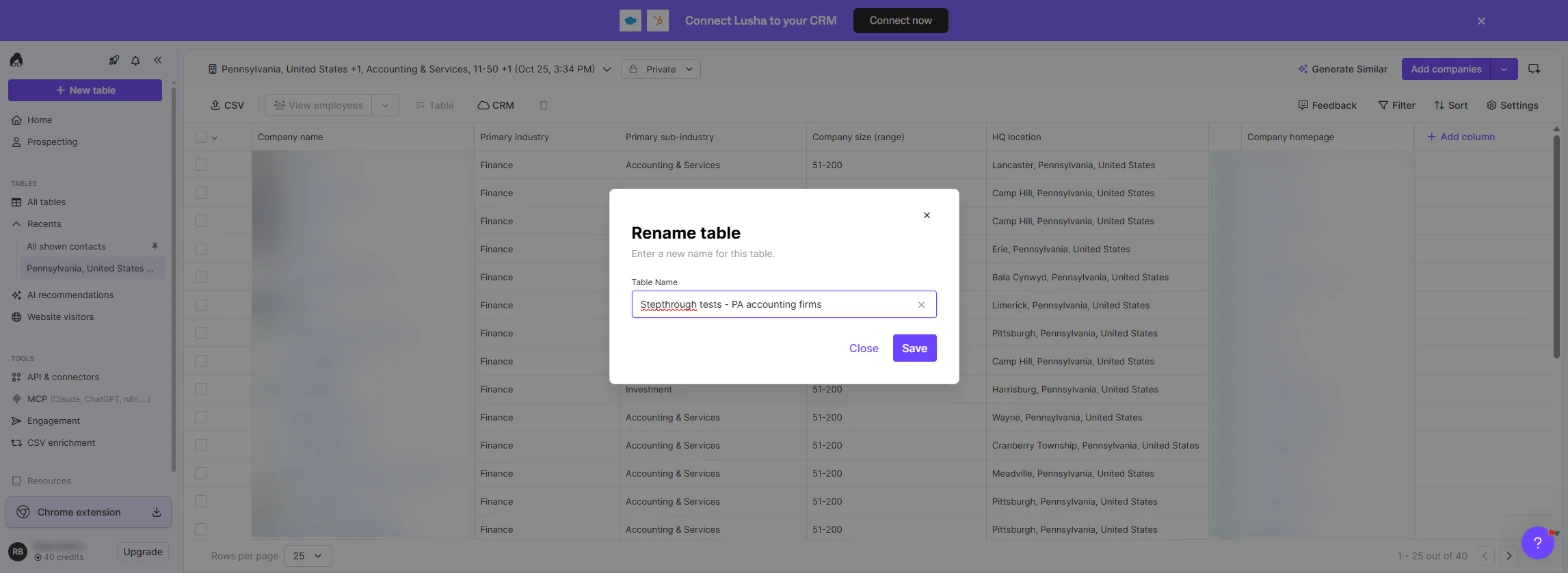 Rename table dialog with the name Stepthrough tests - PA accounting firms