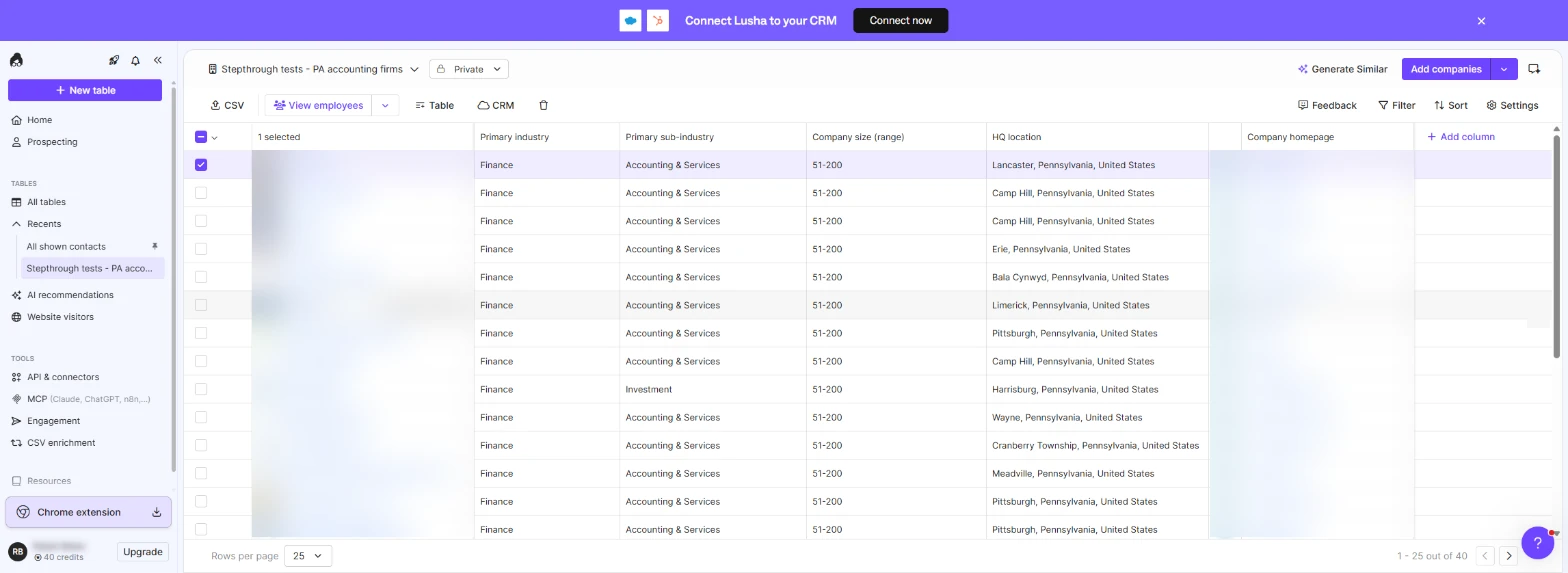 One company ticked in the table with View employees enabled; names blurred