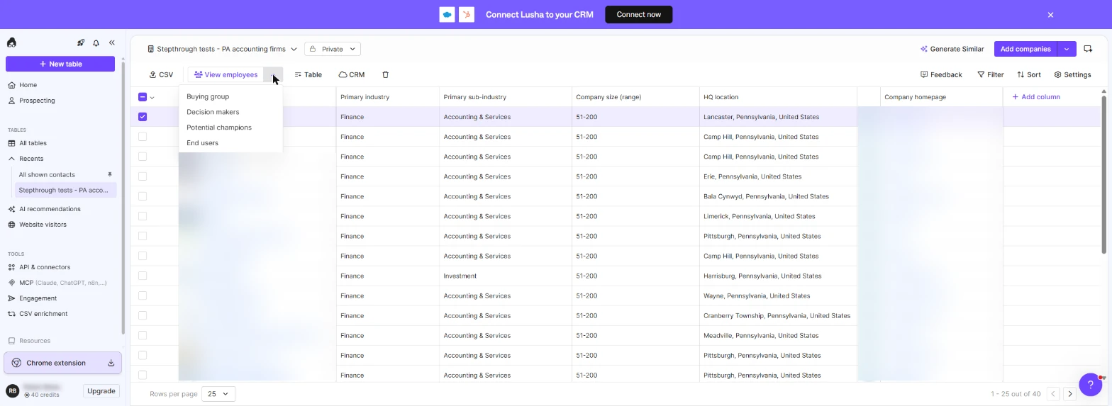 View employees options: Buying group, Decision makers, Potential champions, End users