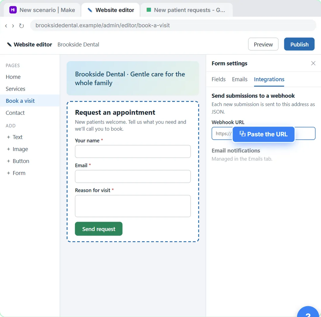 Website editor form settings with the Make webhook URL being pasted into Send submissions to a webhook
