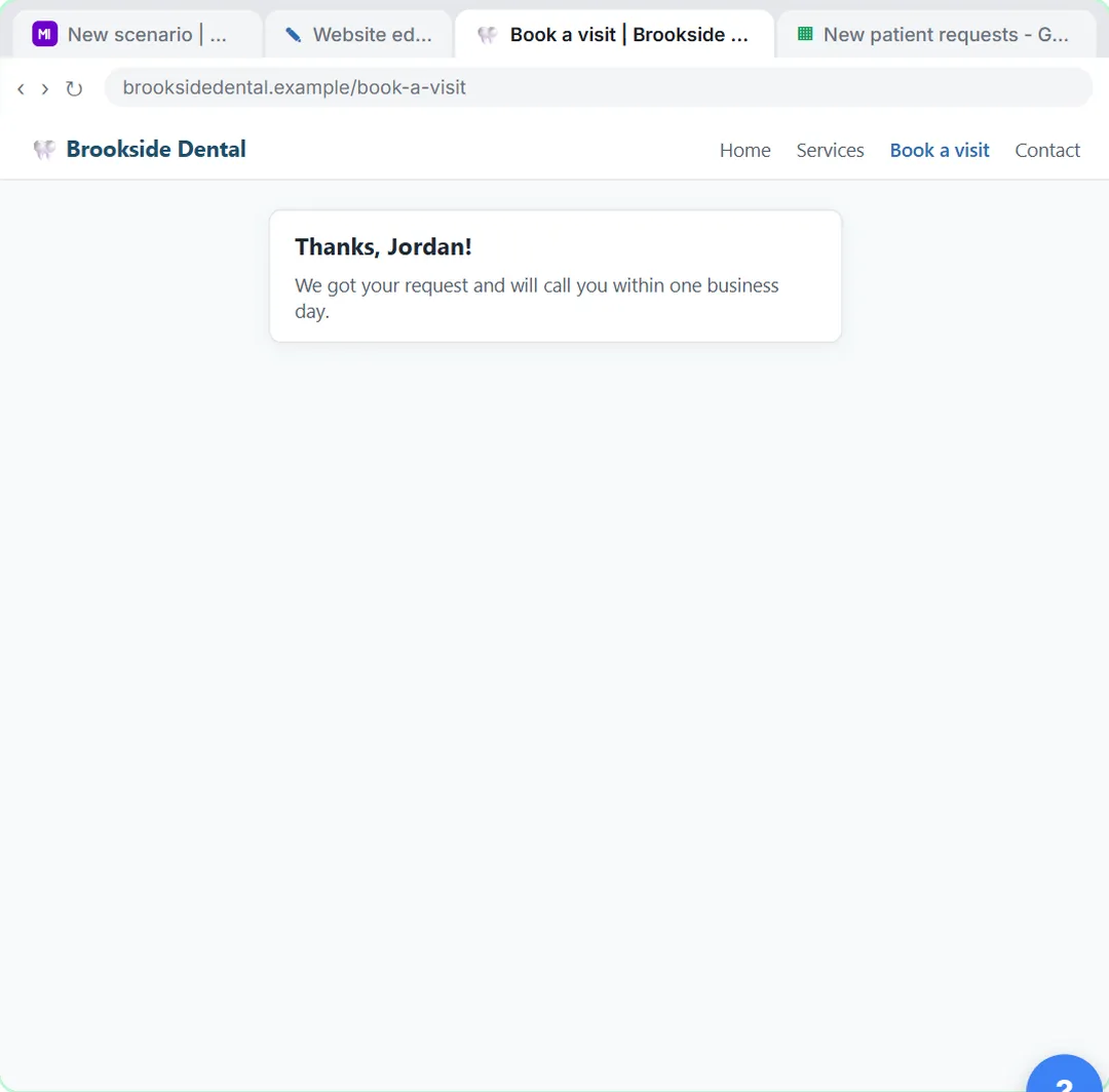 Dental practice booking page showing the thank-you message after a test appointment request is sent