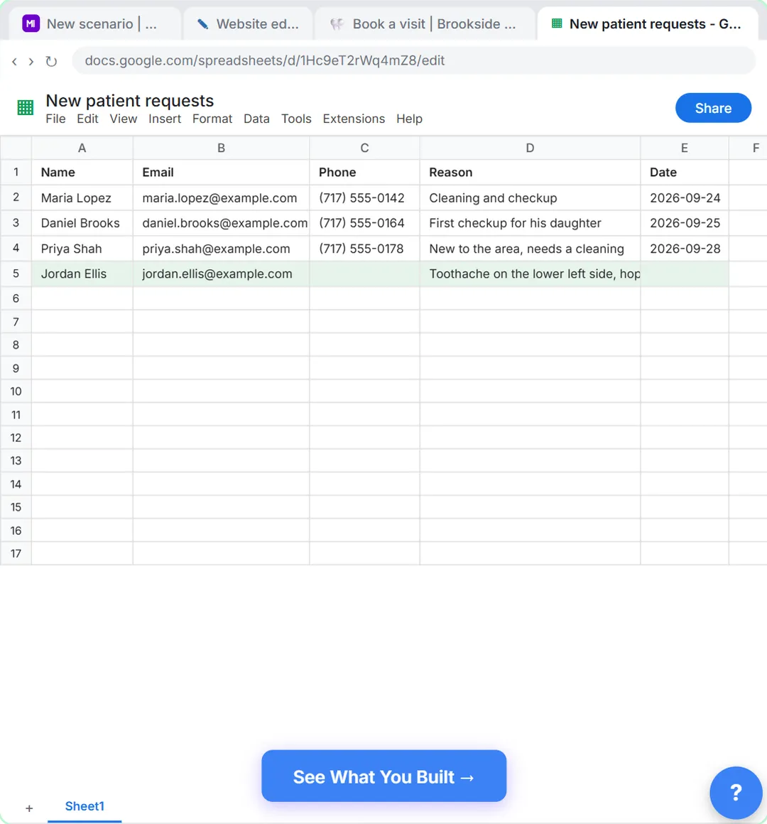 Google Sheets new patient requests sheet with the webhook's test request added as a new row