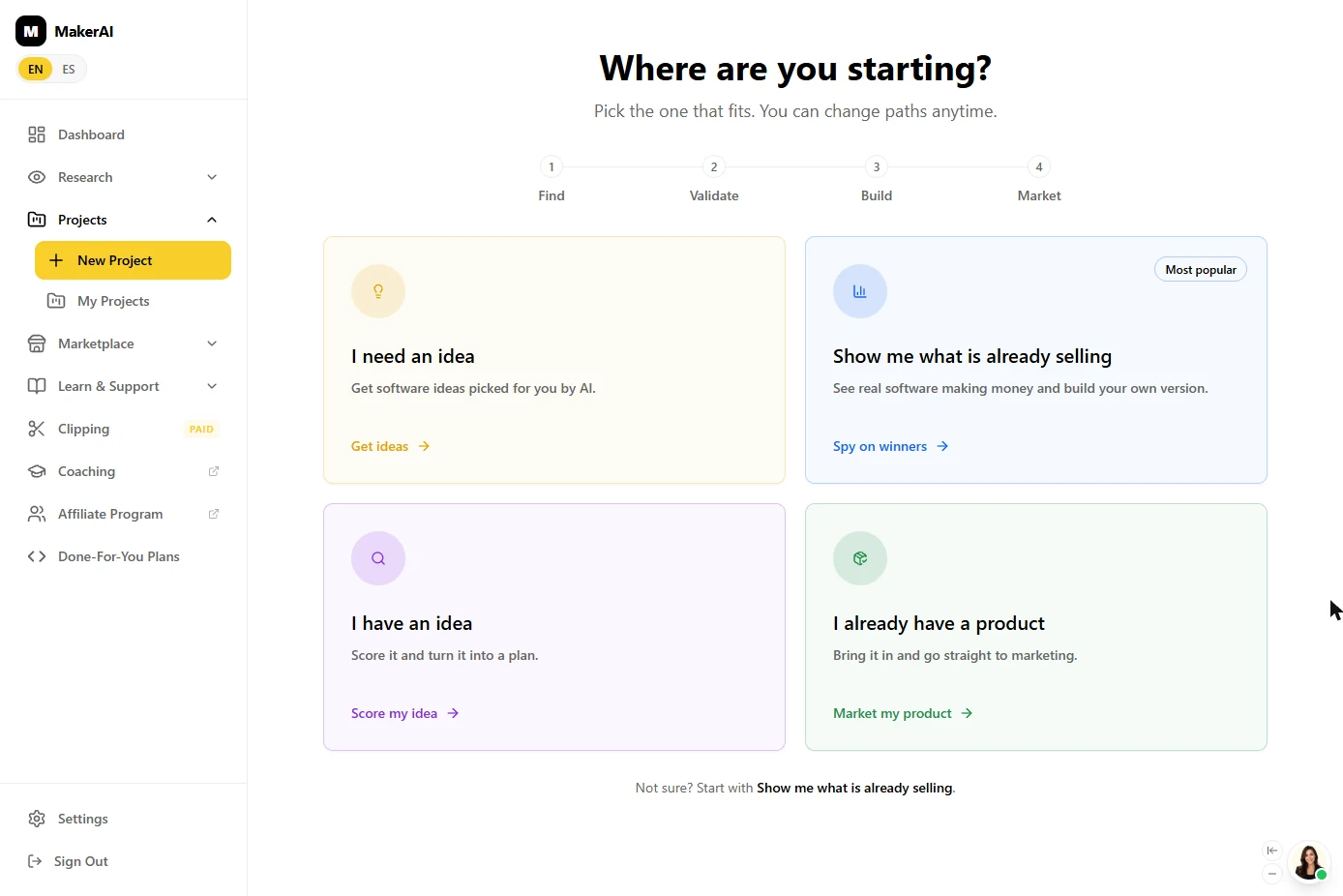 Maker AI New Project screen asking Where are you starting, with four cards: I need an idea, Show me what is already selling (Most popular), I have an idea and I already have a product