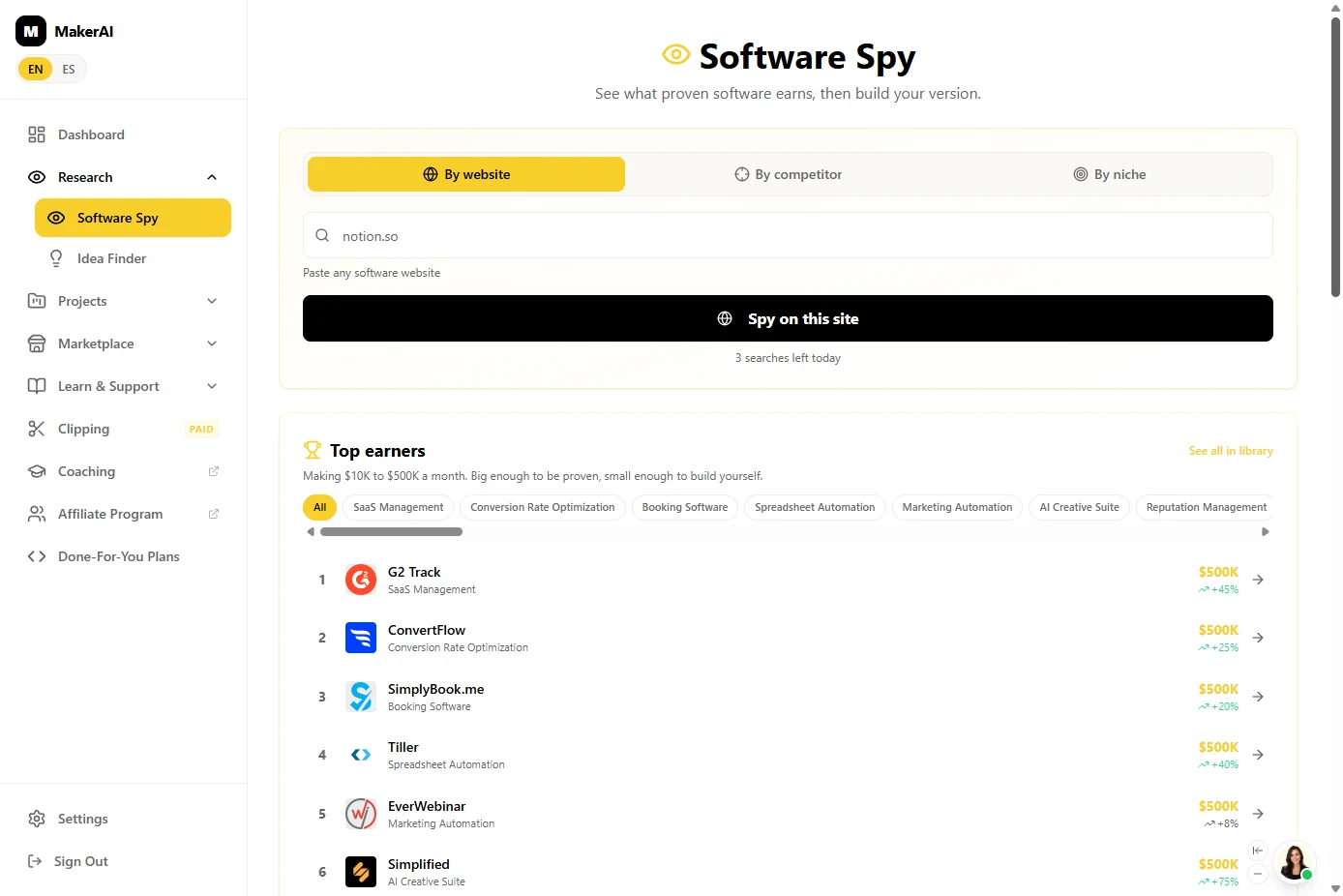 Maker AI Software Spy page with a website search box, the Spy on this site button, 3 searches left today and a Top earners list