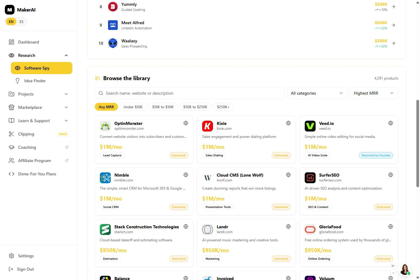 Maker AI Browse the library section with 4,291 products, a search box and cards showing estimated monthly revenue