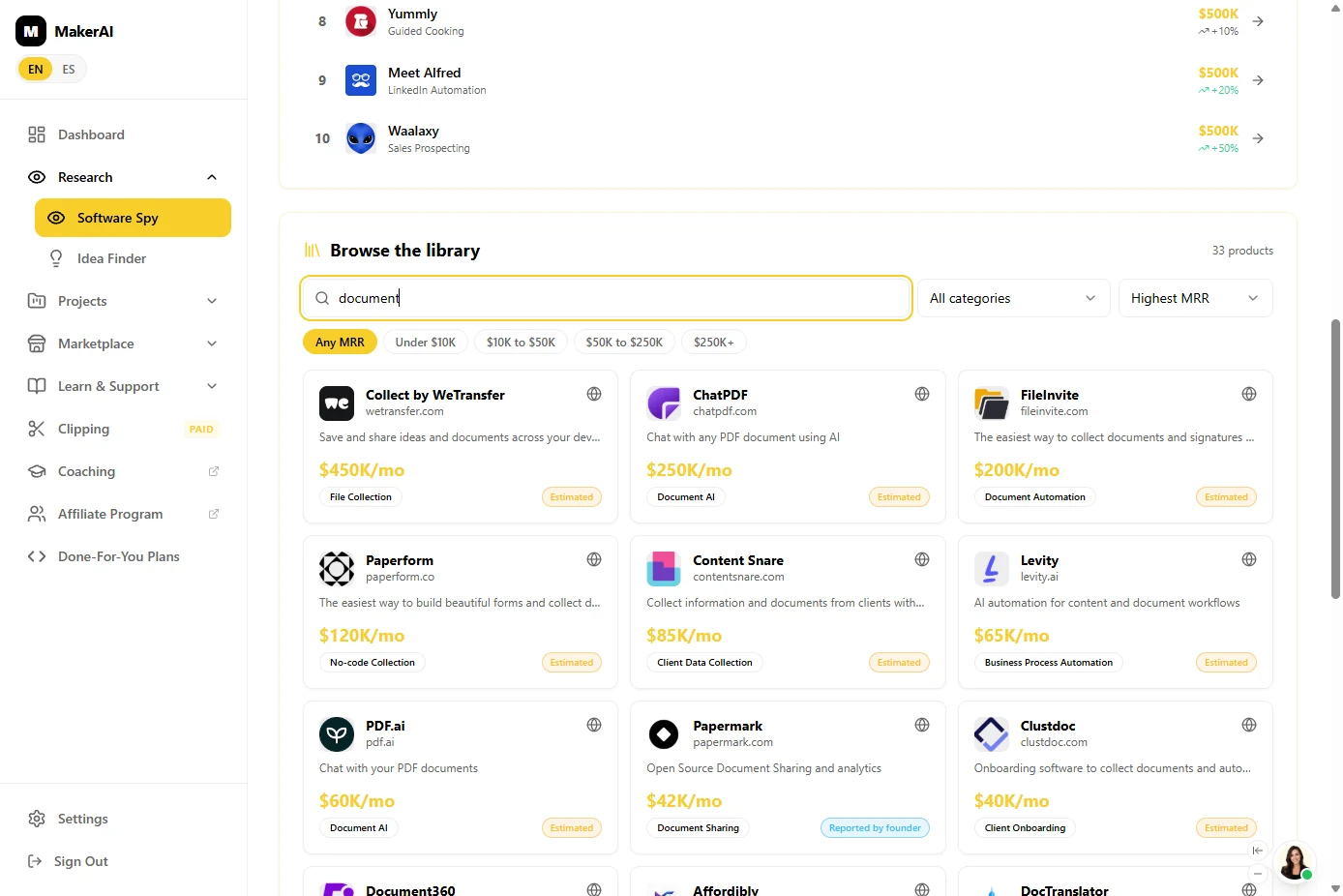 Maker AI library search for document showing 33 products including Collect by WeTransfer, ChatPDF, FileInvite, Paperform, Content Snare and Clustdoc with monthly revenue
