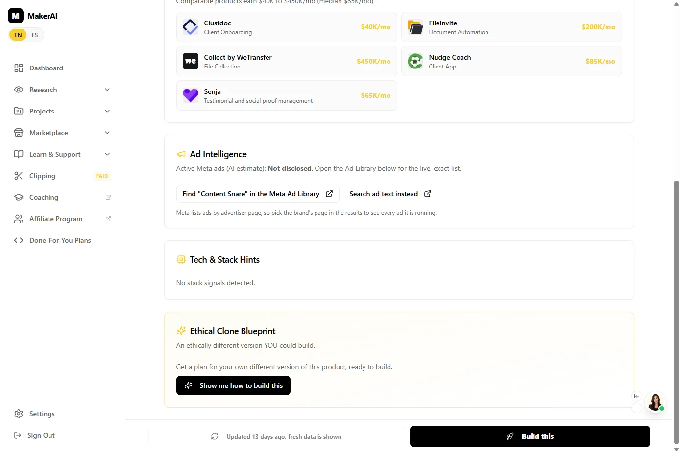 Bottom of the Content Snare page in Maker AI with Ad Intelligence, Tech and Stack Hints and the Ethical Clone Blueprint with a Show me how to build this button