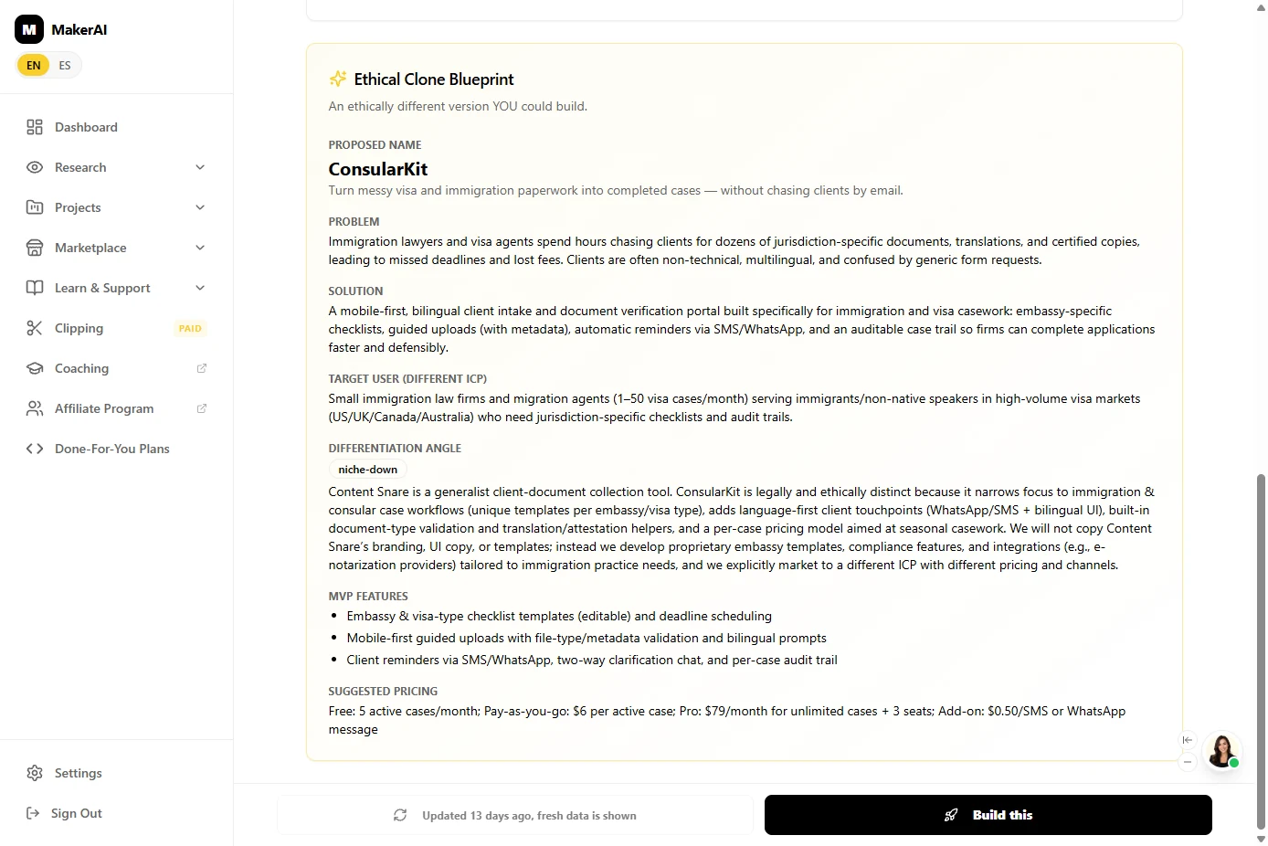 Maker AI Ethical Clone Blueprint proposing ConsularKit, a document portal for small immigration law firms, with problem, solution, target user, niche-down angle, MVP features and suggested pricing