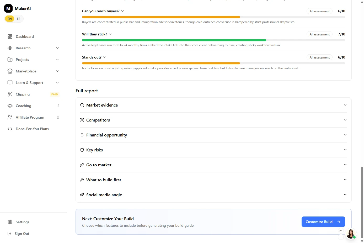 Maker AI full report sections and the Next: Customize Your Build card with a Customize Build button
