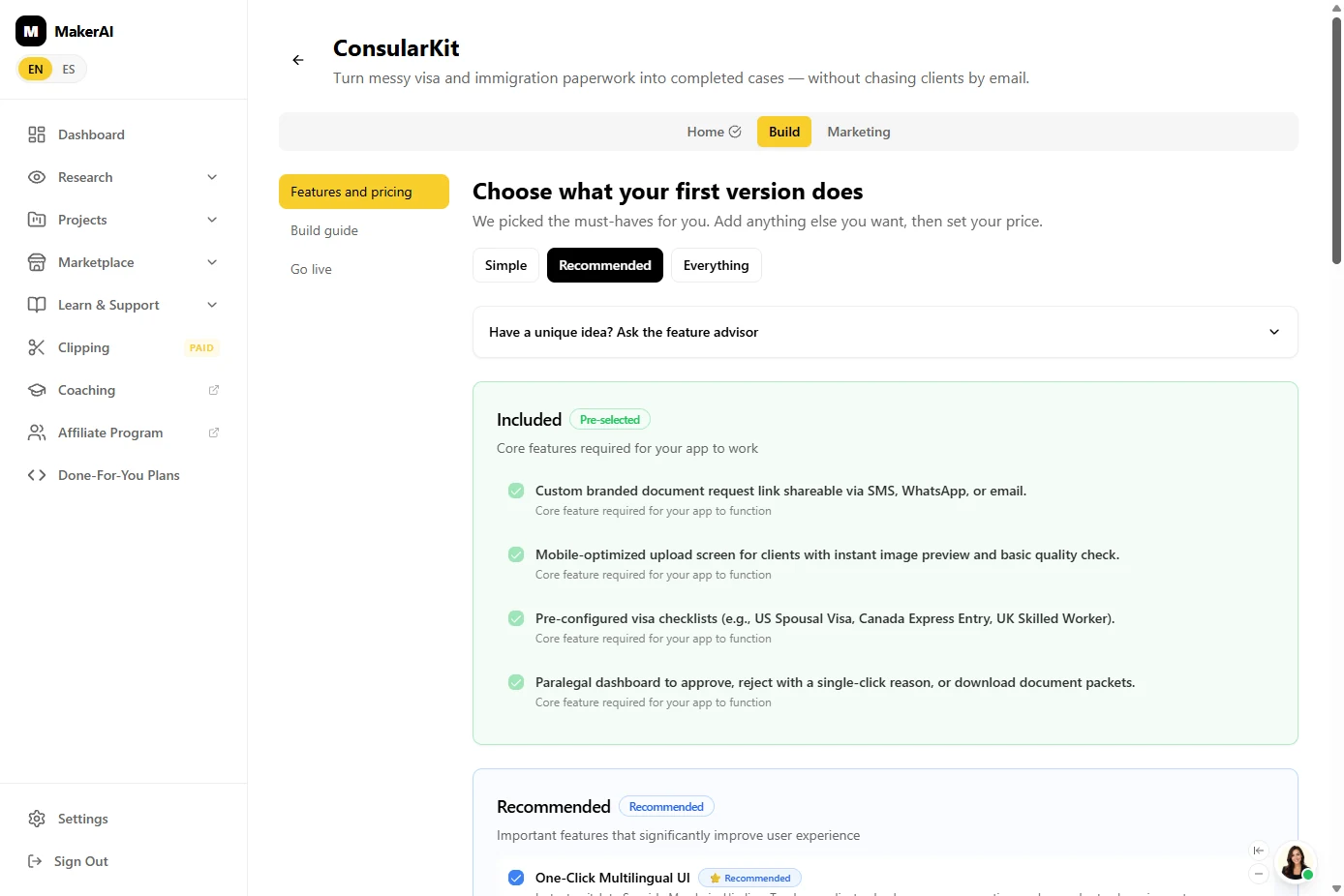 Maker AI Choose what your first version does screen with Simple, Recommended and Everything options and four included core features
