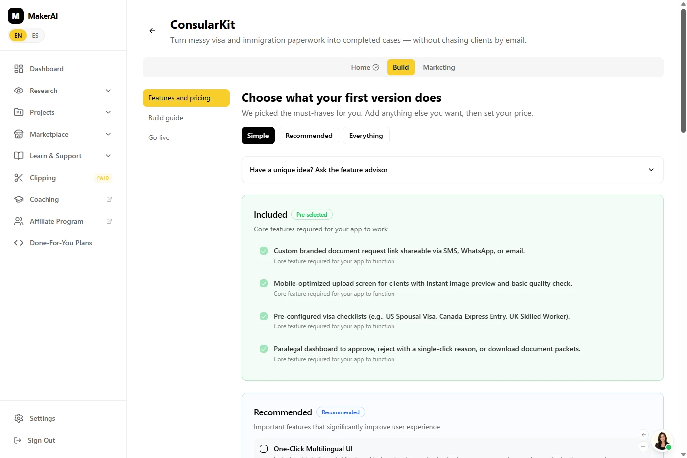 The same Maker AI features screen with Simple selected and the recommended extras unticked