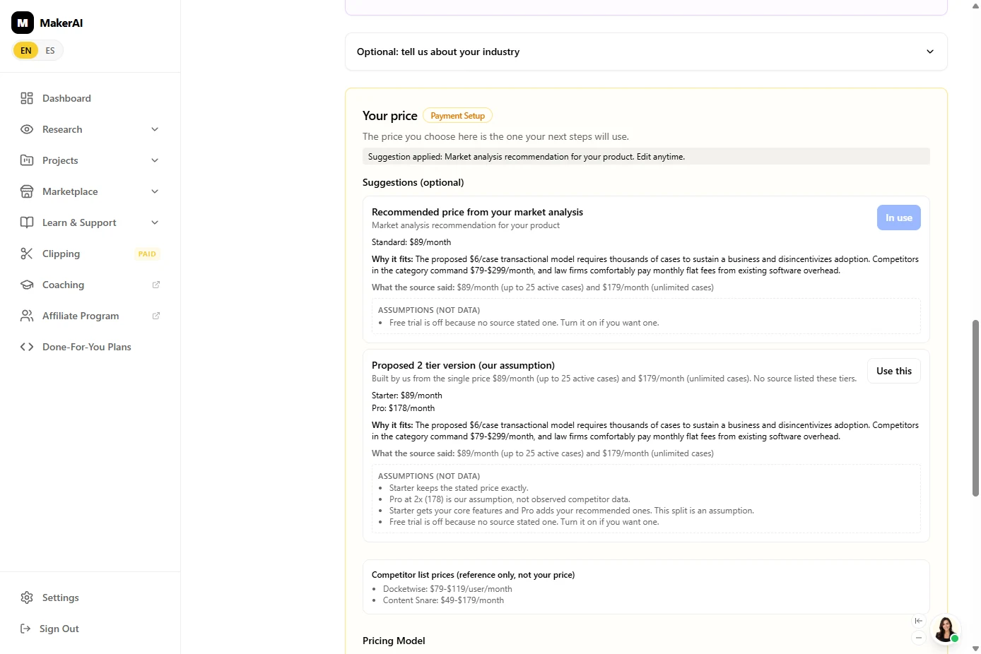 Maker AI Your price section with a recommended Standard price of $89/month in use, a proposed two-tier version and competitor list prices