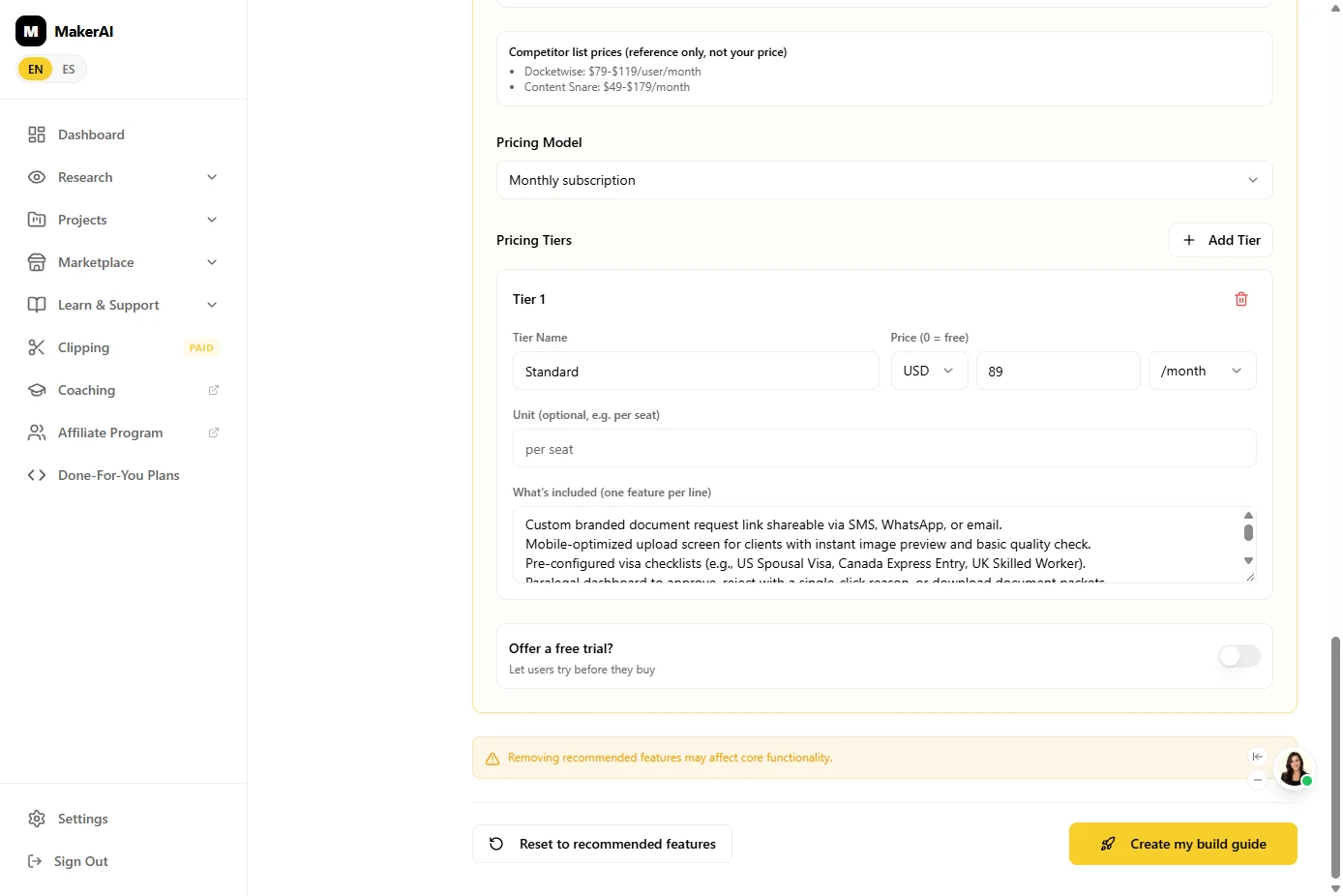 Maker AI pricing tier form with Standard at $89 a month and the Create my build guide button