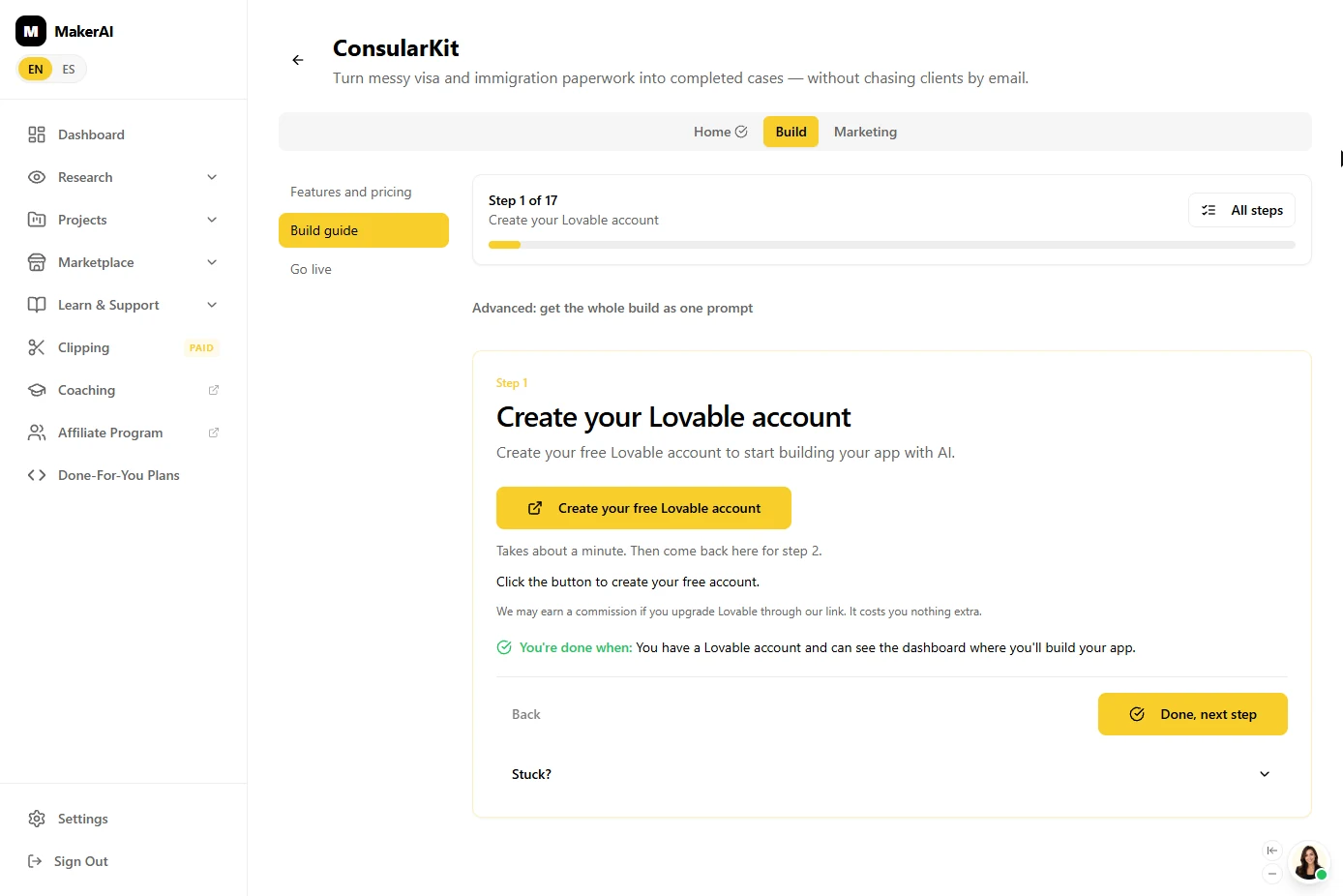 Maker AI build guide on step 1 of 17, Create your Lovable account, with an All steps button
