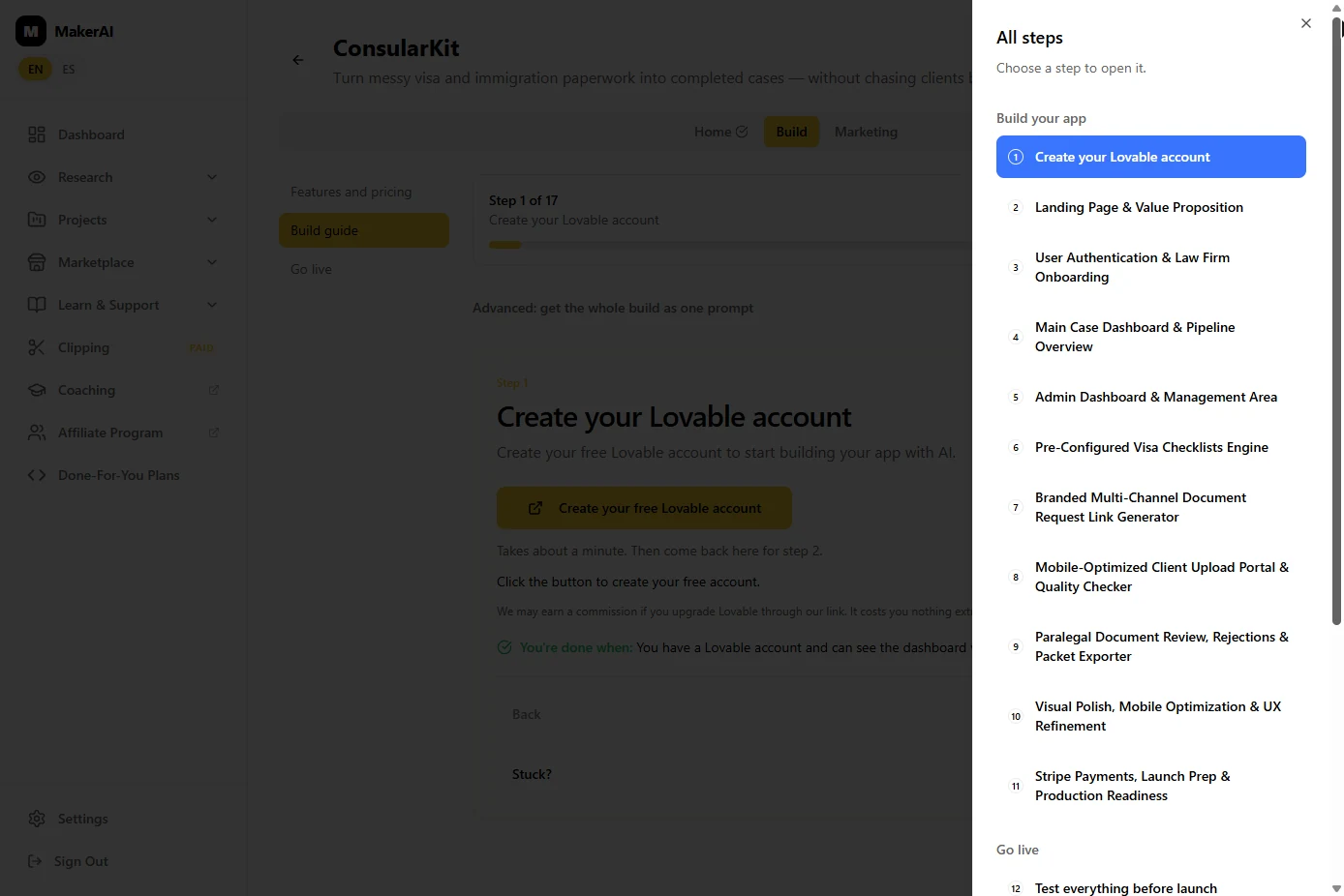 Maker AI All steps panel listing the build guide steps, from Create your Lovable account to Stripe payments and Go live