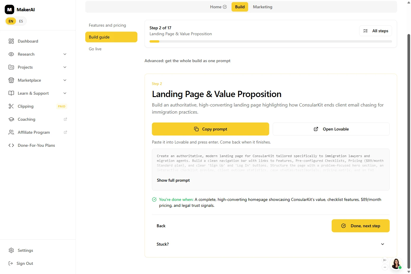 Maker AI build guide step 2, Landing Page and Value Proposition, with Copy prompt, Open Lovable and a preview of the prompt