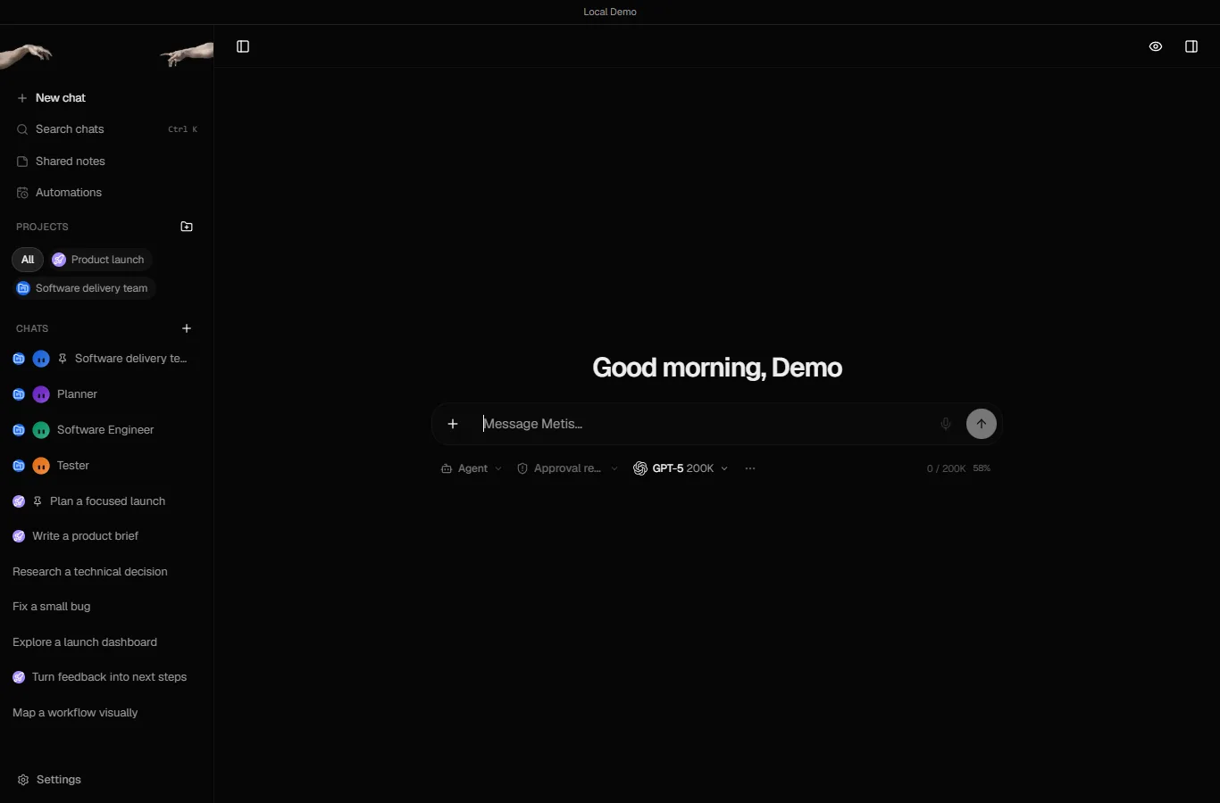 The Metis AI workspace from the Metis demo: a sidebar with New chat, Search chats, Shared notes, Automations, Projects and Chats, and a Message Metis box