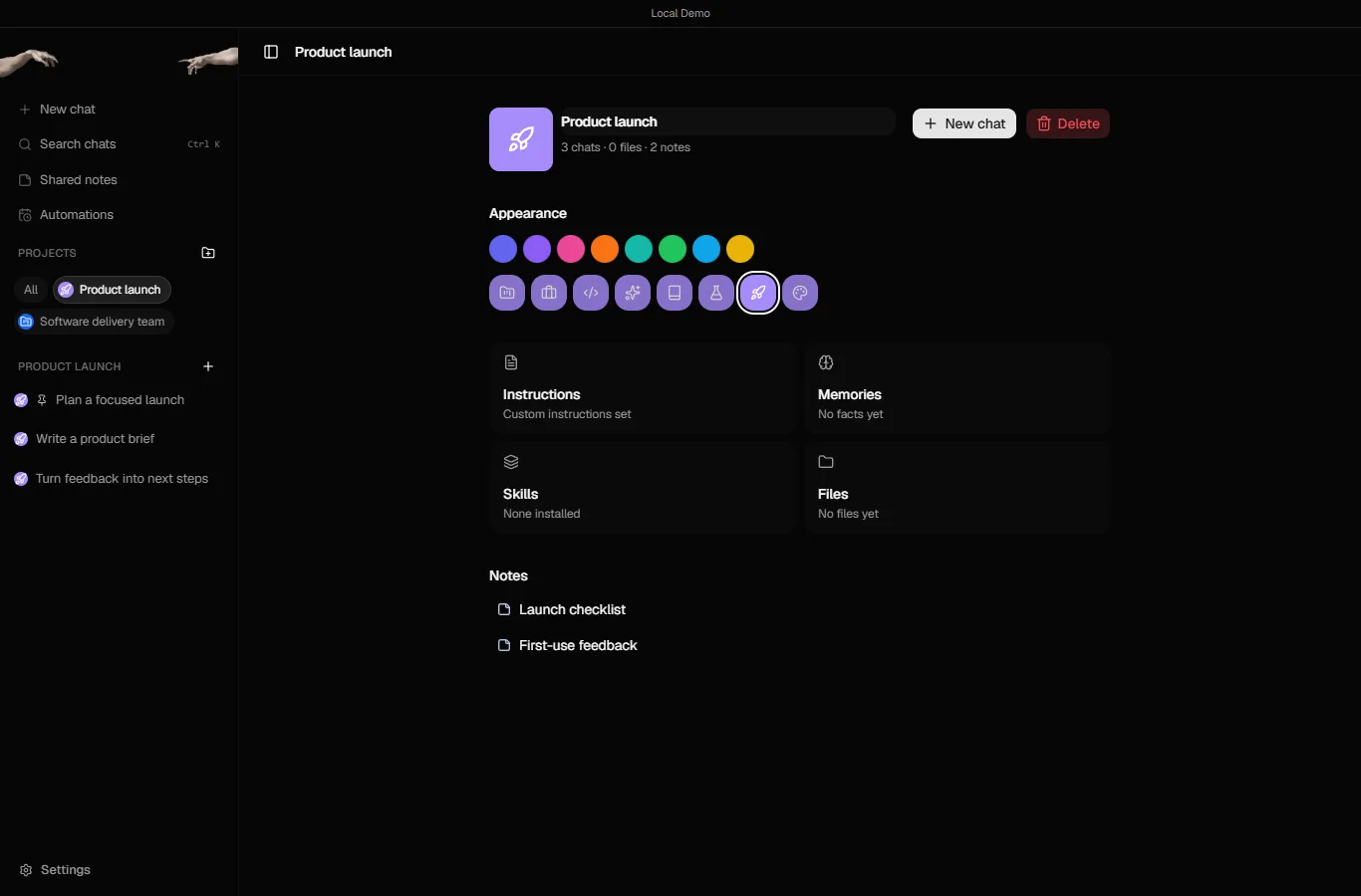 The Product launch project page in the Metis demo with New chat and Delete buttons and cards for Instructions, Memories, Skills, Files and Notes