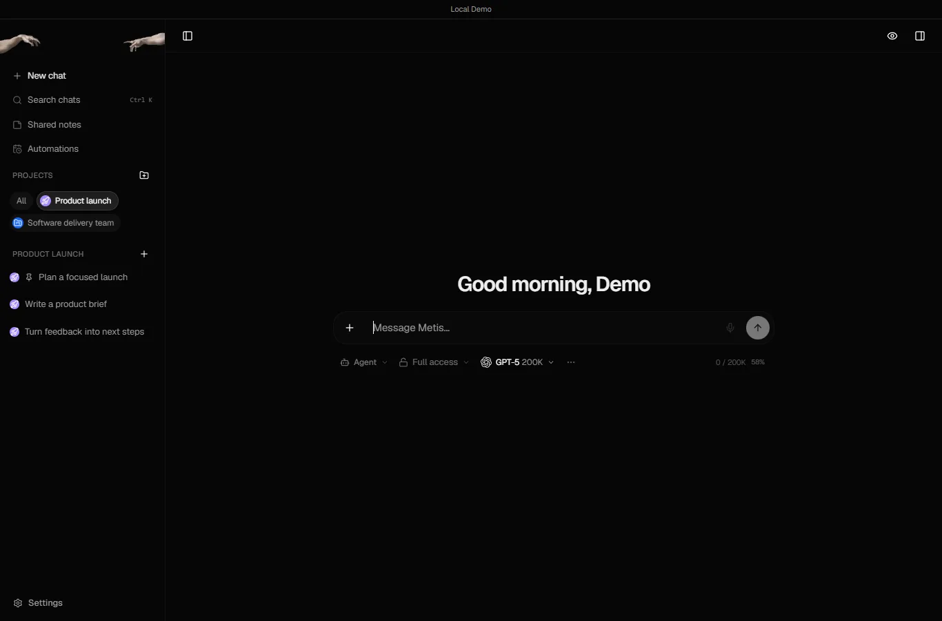 A new chat in the Metis demo's Product launch project, with the Agent mode, Full access permissions and GPT-5 model chips under the message box