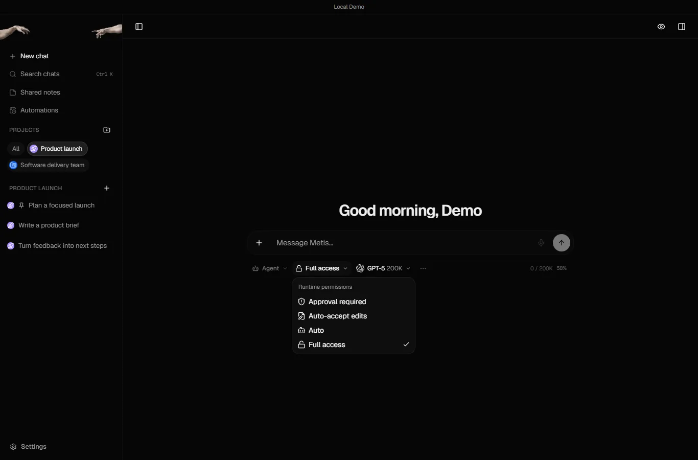 The Metis Runtime permissions menu open with Approval required, Auto-accept edits, Auto and Full access