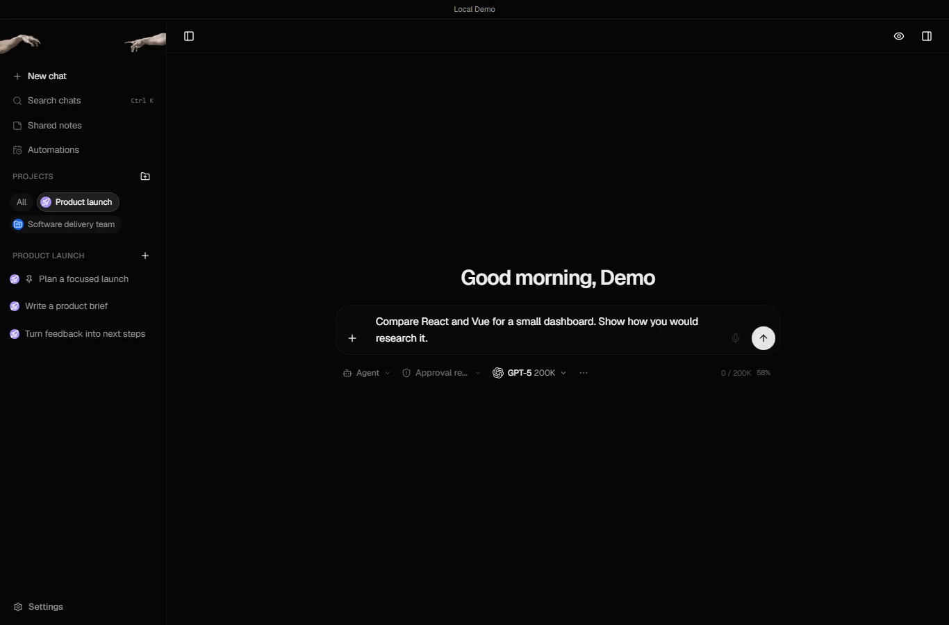 A Metis chat set to Approval required with the question Compare React and Vue for a small dashboard typed in the message box