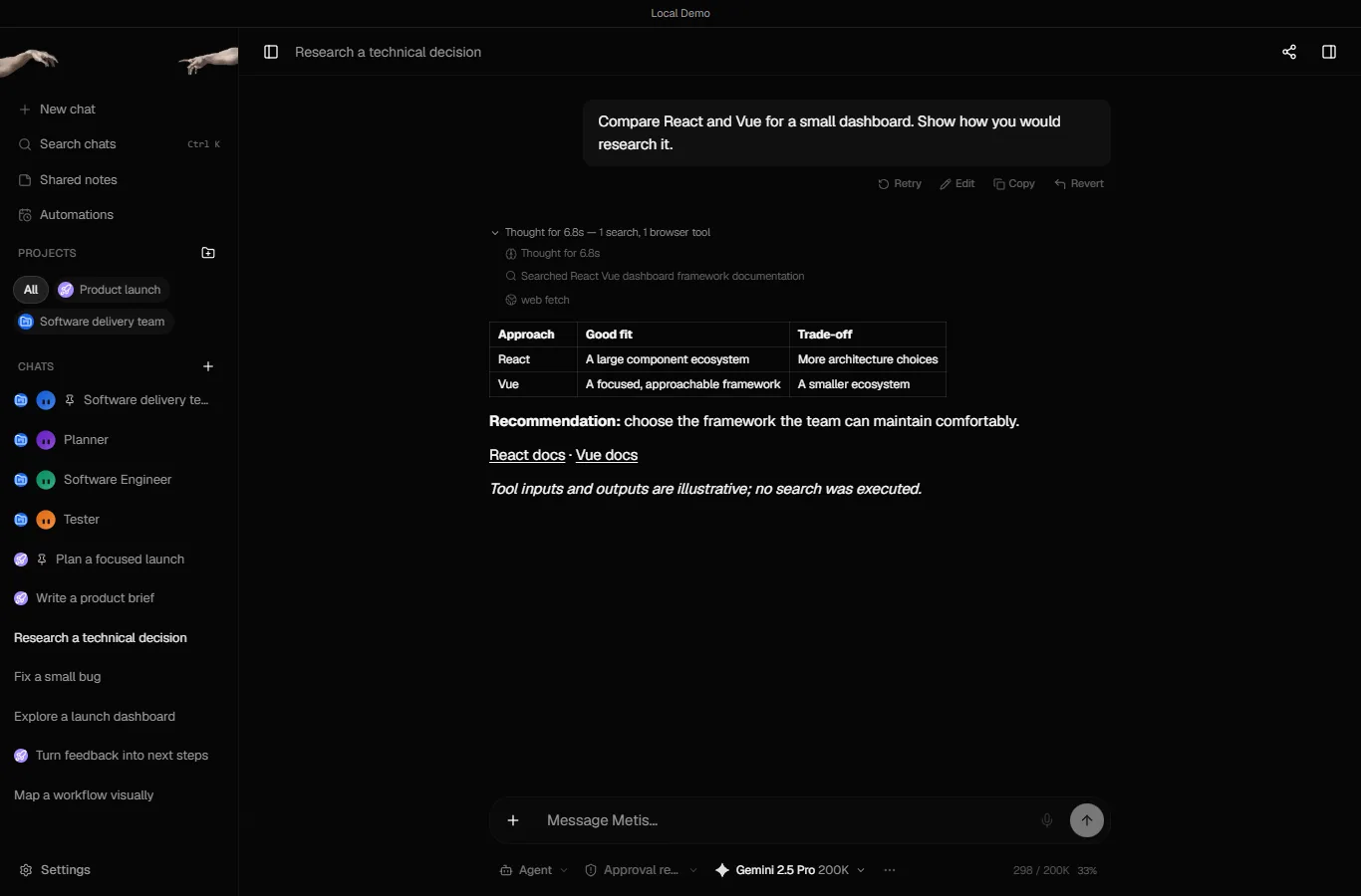 The Metis research answer with its steps expanded, a search and a web fetch, and React docs and Vue docs listed as sources